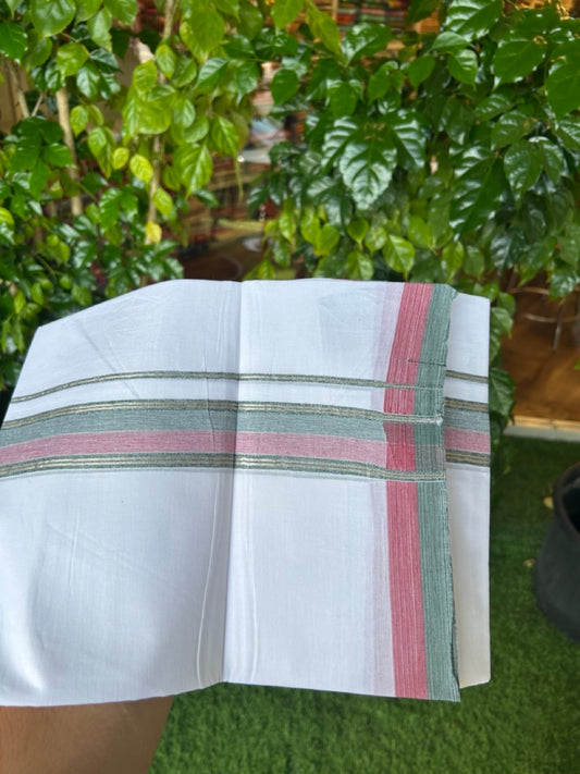 20% DISCOUNT! KaithariKada Balaramapuram 100% Cotton Double Pure white Mundu/Dhoti- 100x80 - 1.5 inch Silver Kasavu Green & Maroon Shaded Striped Kara - 3.84mtr ( 8 muzham) - 26KK5227 PMC