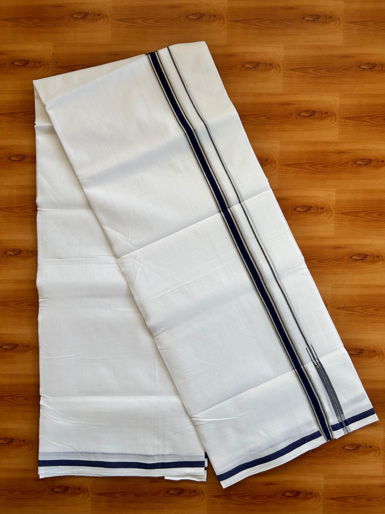 Double Pure White 25% Discount ! KaithariKada Handloom Unakkupaav  - Kerala Handloom - 100% Pure Cotton - 100X90 - 2 cm Puliyilakkara Silver Kasav & Navy Blue Chutty Kara 3.90 mtr (8.36 Muzham) - 3 KK5496 YAR