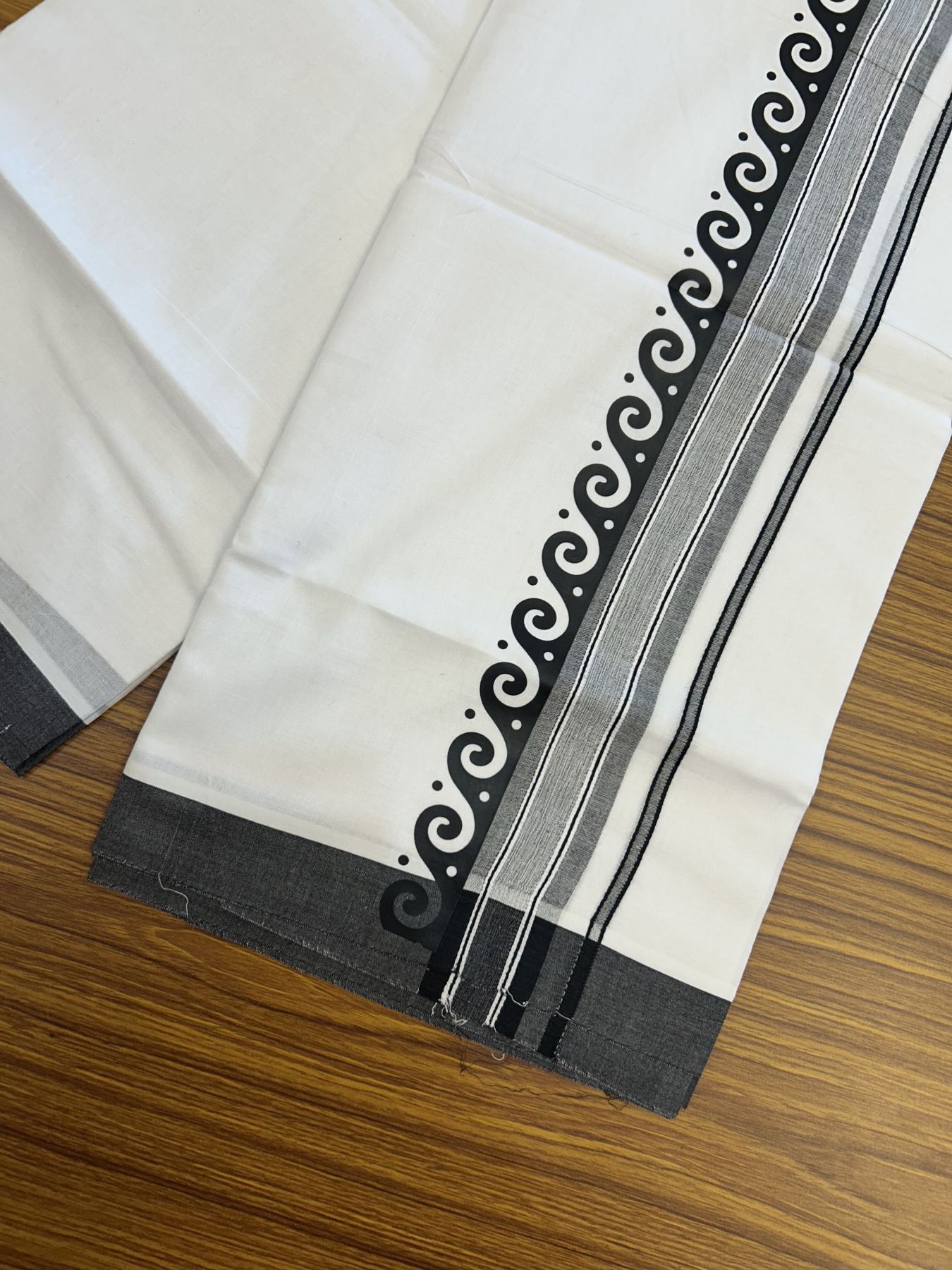 20% Discount ! KaithariKada Balaramapuram Cotton Double Pure white Mundu/Dhoti- 80s - 2.5 inch Black Printed Shade Stripes Design Kara - 3.65 mtr (8 muzham) - 37 KK5329 GAN