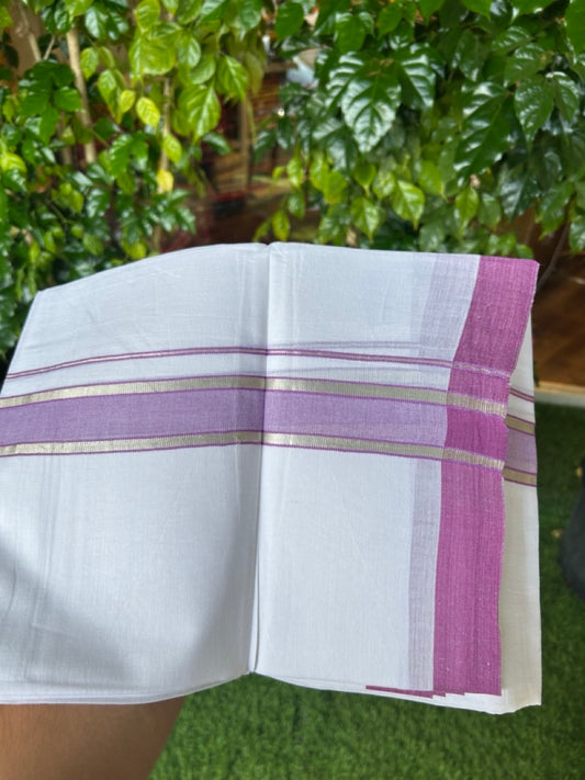 20% DISCOUNT! KaithariKada Balaramapuram 100% Cotton Double Pure white Mundu/Dhoti- 60s - 1.5 inch Silver Kasavu & Dusty Violet Shaded Kara - 3.86mtr ( 8 muzham) - 25KK5227 PMC