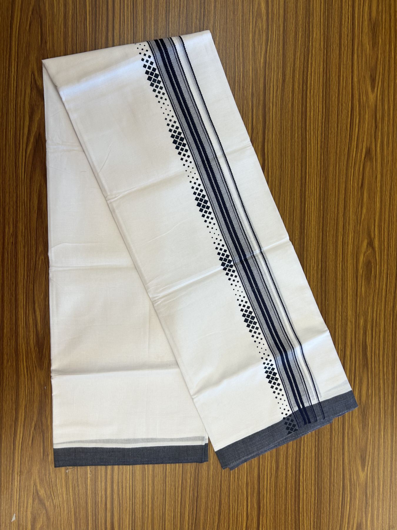 20% Discount ! KaithariKada Balaramapuram Cotton Double Pure white Mundu/Dhoti- 80s - 2.5 inch Navy Blue Printed Shade Stripes Design Kara - 3.65 mtr (8 muzham) - 18 KK5329 GAN