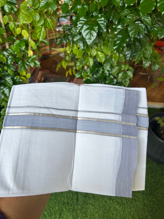 20% DISCOUNT! KaithariKada Balaramapuram 100% Cotton Double Pure white Mundu/Dhoti- 60s - 1.5 inch Silver Kasavu & Lavender Blue Shaded Kara - 3.86mtr ( 8 muzham) - 24KK5227 PMC