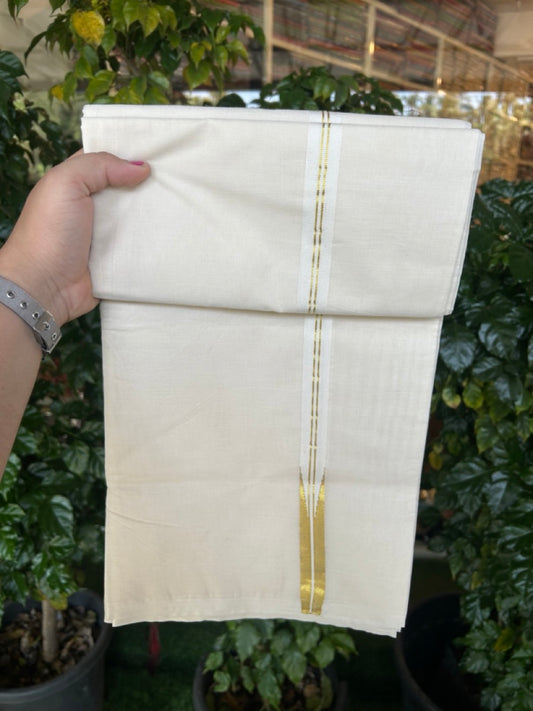 20% Discount ! KaithariKada Balaramapuram 100% Cotton Double OFF WHITE - (Unbleached) Mundu/Dhoti-100x100 - 0.75 inch  Puliyilakkara Gold Kasav Chutty Kara - 16 KK5257ASH