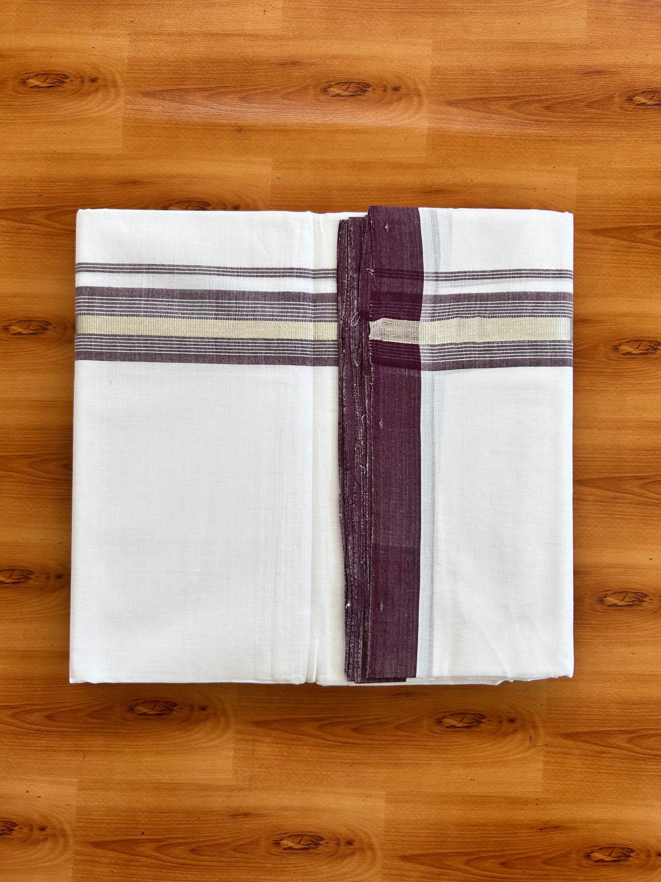 Double Pure White 25% Discount ! KaithariKada Handloom Millpaav - Kerala Handloom - 100% Pure Cotton - 80x90 - 1.5 Inch Silver Kasav & Wine Purple Striped Kara 3.90 mtr (8.36 Muzham) - 6 KK5496 YAR