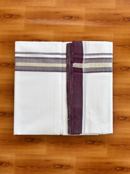 Double Pure White 25% Discount ! KaithariKada Handloom Millpaav - Kerala Handloom - 100% Pure Cotton - 80x90 - 1.5 Inch Silver Kasav & Wine Purple Striped Kara 3.90 mtr (8.36 Muzham) - 6 KK5496 YAR