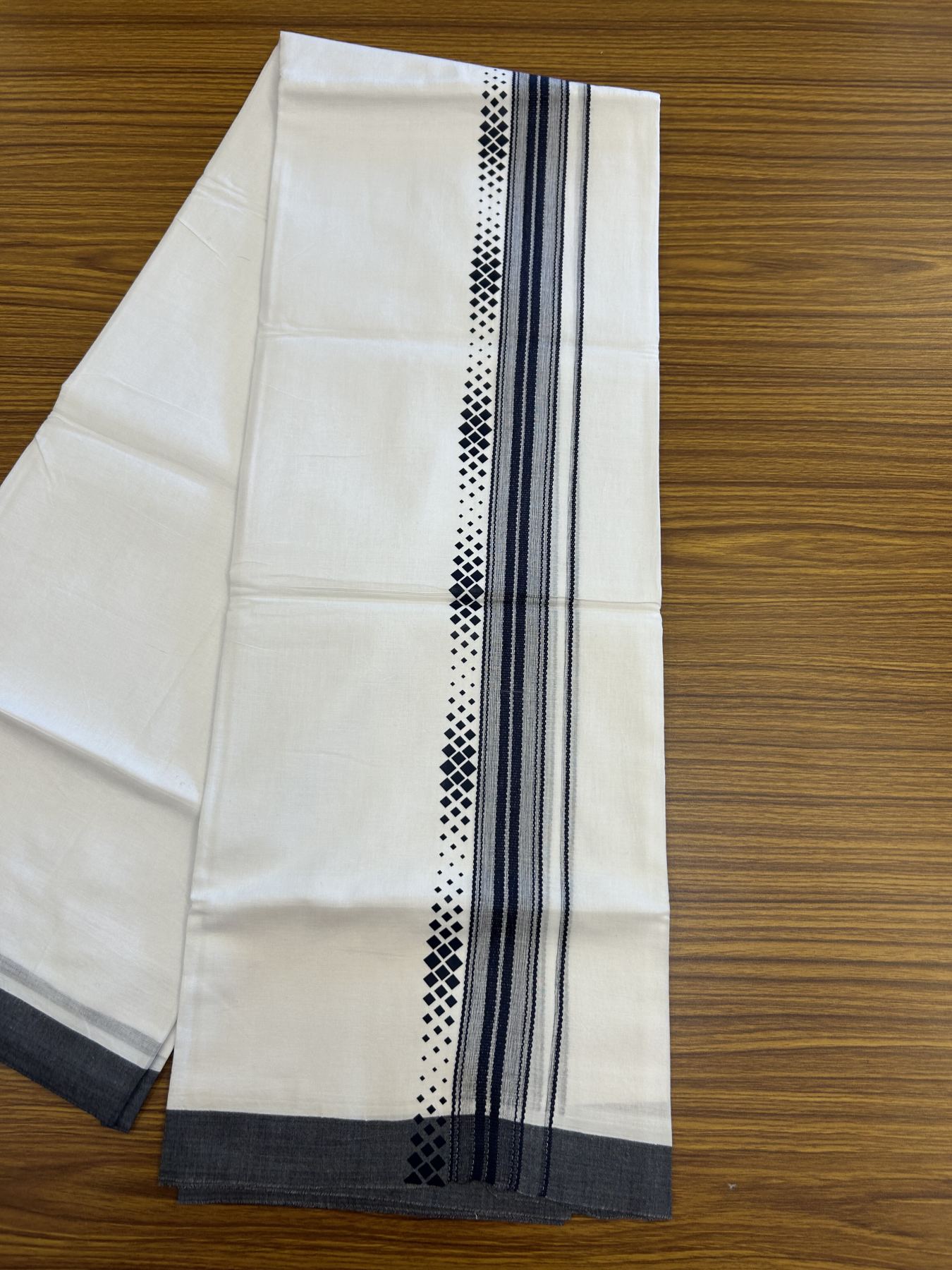 20% Discount ! KaithariKada Balaramapuram Cotton Double Pure white Mundu/Dhoti- 80s - 2.5 inch Navy Blue Printed Shade Stripes Design Kara - 3.65 mtr (8 muzham) - 18 KK5329 GAN