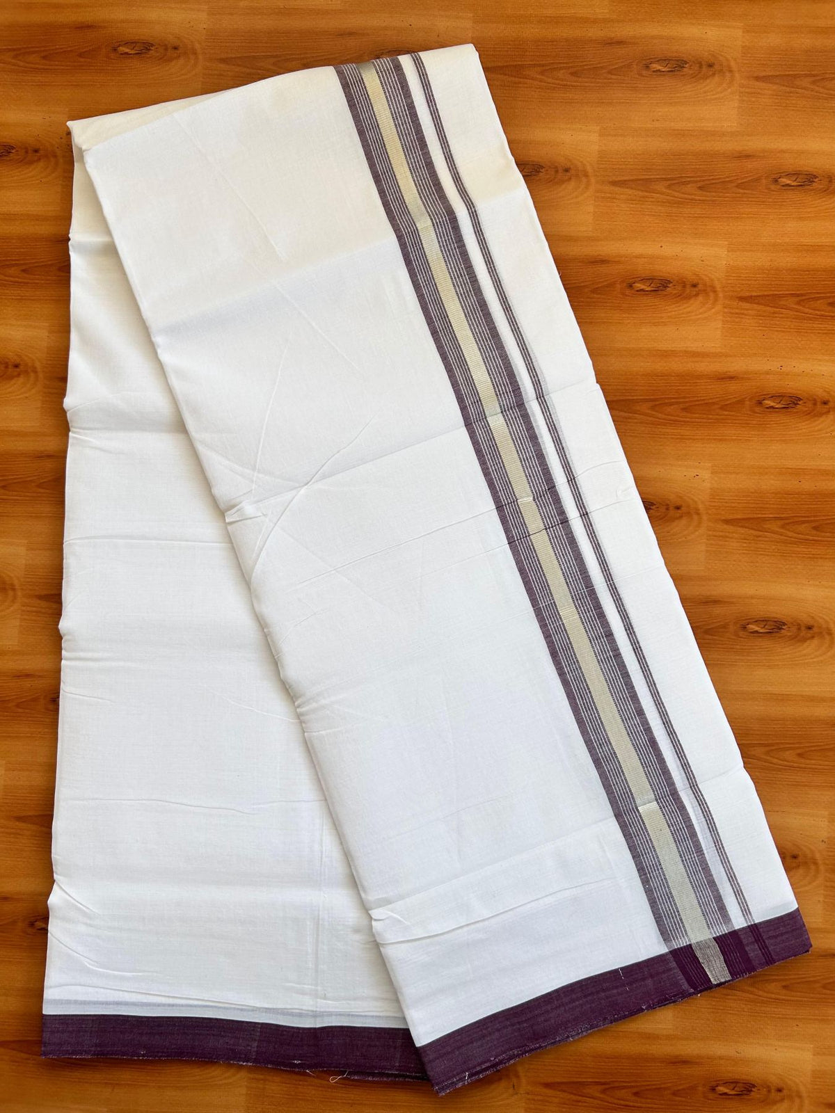 Double Pure White 25% Discount ! KaithariKada Handloom Millpaav - Kerala Handloom - 100% Pure Cotton - 80x90 - 1.5 Inch Silver Kasav & Wine Purple Striped Kara 3.90 mtr (8.36 Muzham) - 6 KK5496 YAR