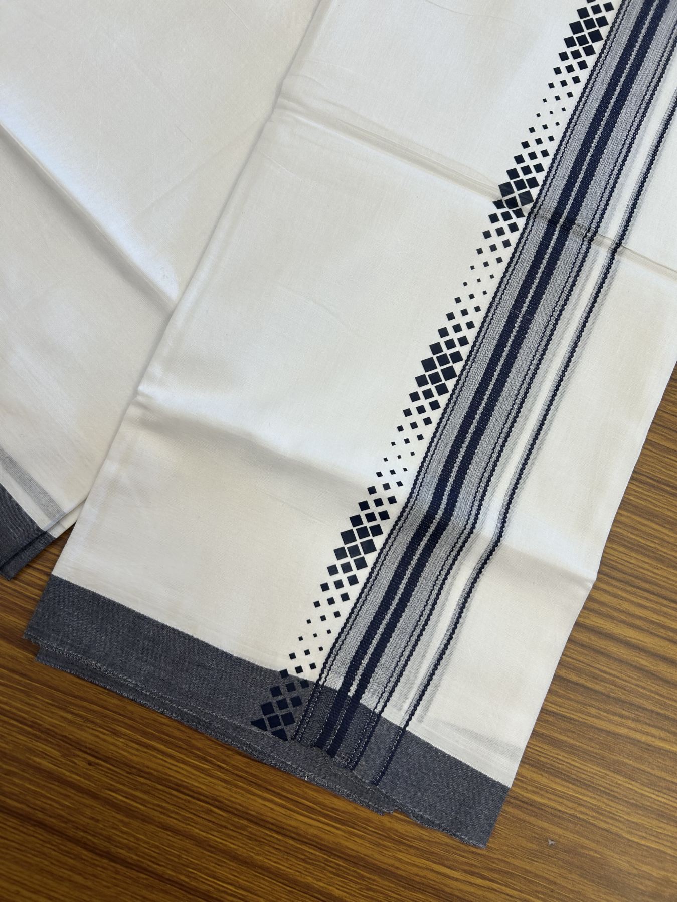 20% Discount ! KaithariKada Balaramapuram Cotton Double Pure white Mundu/Dhoti- 80s - 2.5 inch Navy Blue Printed Shade Stripes Design Kara - 3.65 mtr (8 muzham) - 18 KK5329 GAN