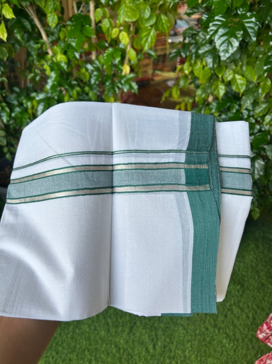 20% DISCOUNT! KaithariKada Balaramapuram 100% Cotton Double Pure white Mundu/Dhoti- 60s - 1.5 inch Silver Kasavu & Green Shaded Kara - 3.86mtr ( 8 muzham) - 22KK5227 PMC