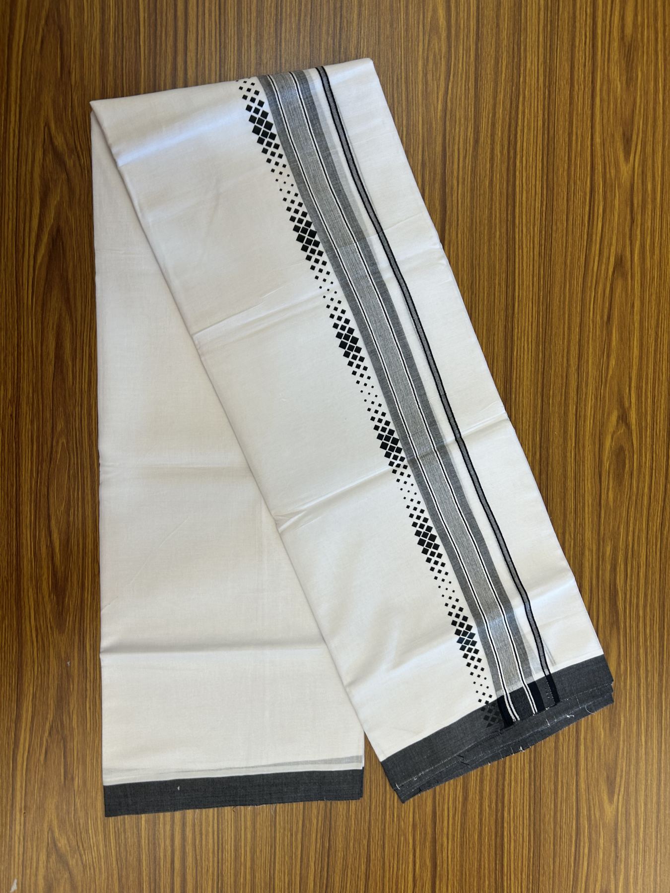 20% Discount ! KaithariKada Balaramapuram Cotton Double Pure white Mundu/Dhoti- 80s - 2.5 inch Black Printed Shade Stripes Design Kara - 3.65 mtr (8 muzham) - 15 KK5329 GAN