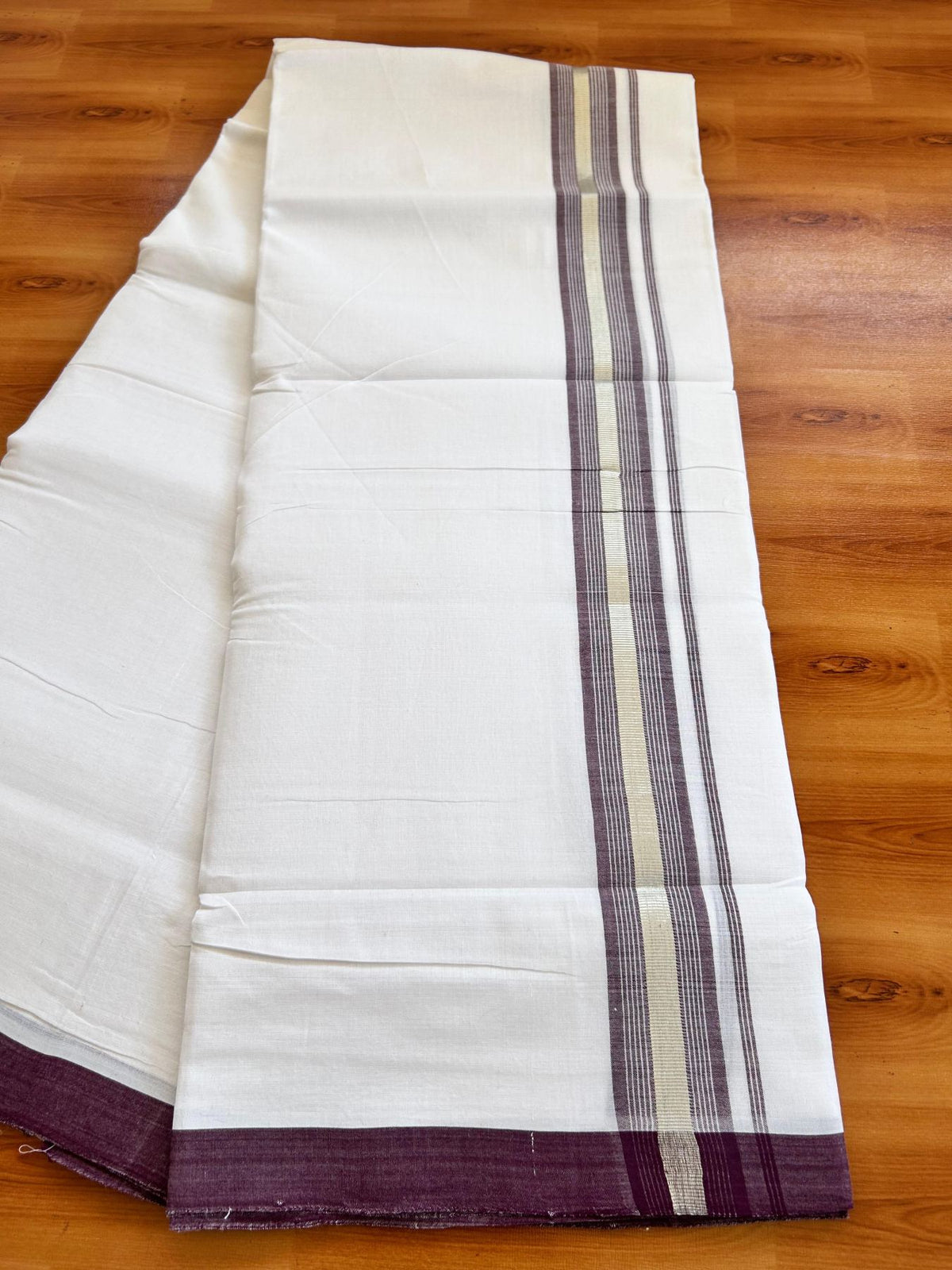 Double Pure White 25% Discount ! KaithariKada Handloom Millpaav - Kerala Handloom - 100% Pure Cotton - 80x90 - 1.5 Inch Silver Kasav & Wine Purple Striped Kara 3.90 mtr (8.36 Muzham) - 6 KK5496 YAR