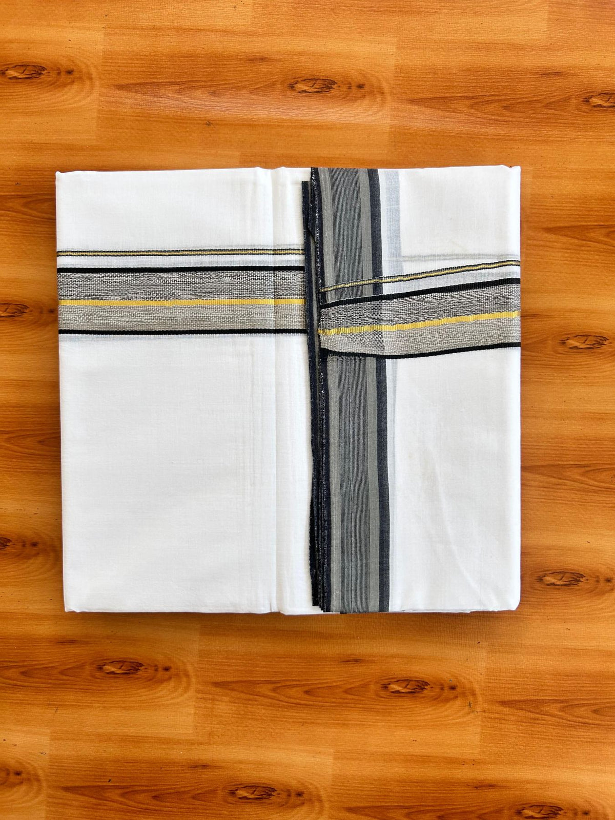 Double Pure White 25% Discount ! KaithariKada Handloom Millpaav - Kerala Handloom - 100% Pure Cotton - 80x90 - 1.5 Inch Gold Kasav Black & Grey Shaded Kara 3.90 mtr (8.36 Muzham) - 7 KK5496 YAR