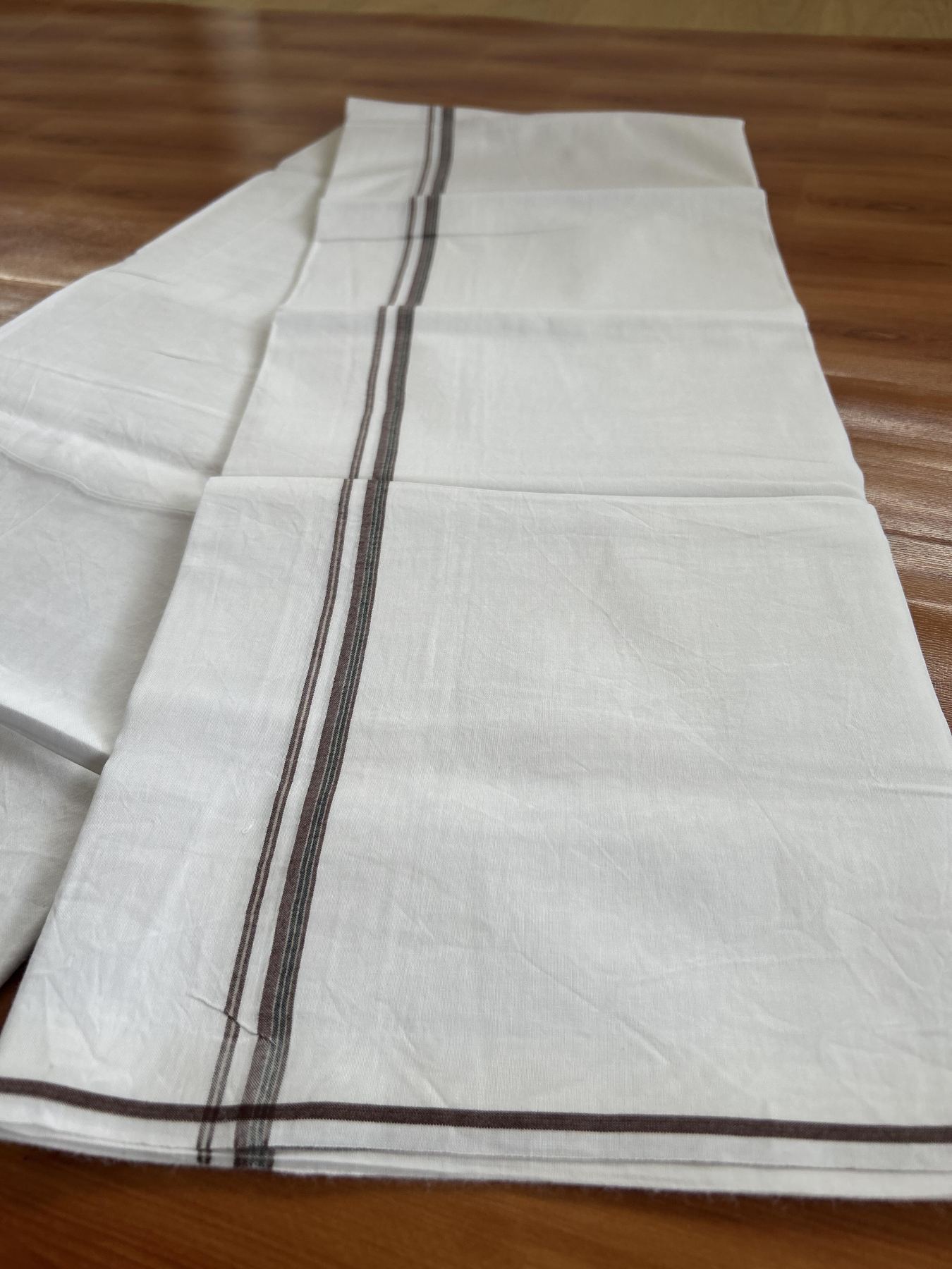 Single Mundu/Dhoti  - Pure White - 29% Discount !! KaithariKada Balaramapuram 100% Cotton - Twisted 60s Thread - 0.5 Cm Silver Kasav & Black & Brown Shaded Striped Kara (2 meter / 4 muzham) - 62 KK5393 GL