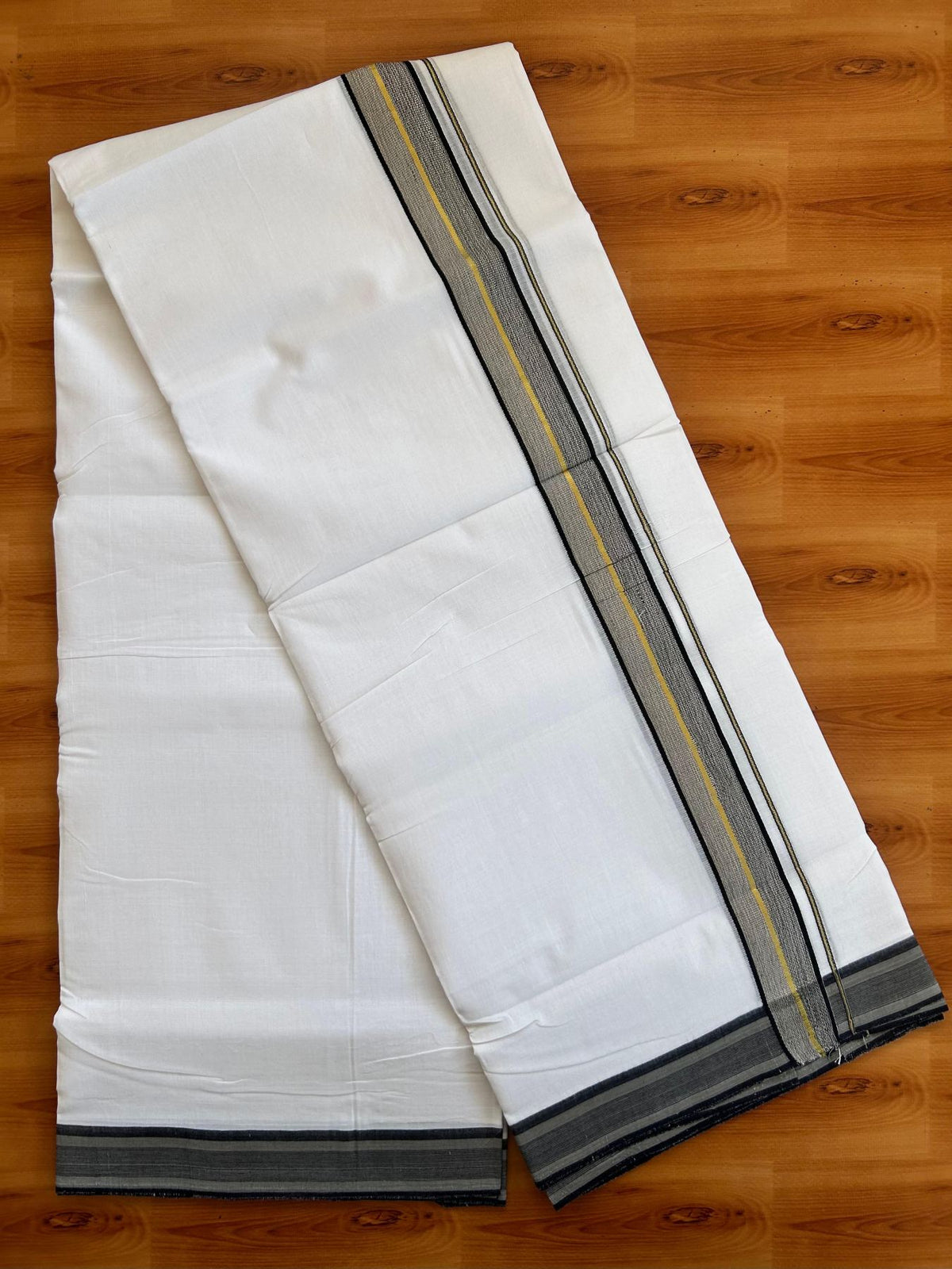 Double Pure White 25% Discount ! KaithariKada Handloom Millpaav - Kerala Handloom - 100% Pure Cotton - 80x90 - 1.5 Inch Gold Kasav Black & Grey Shaded Kara 3.90 mtr (8.36 Muzham) - 7 KK5496 YAR
