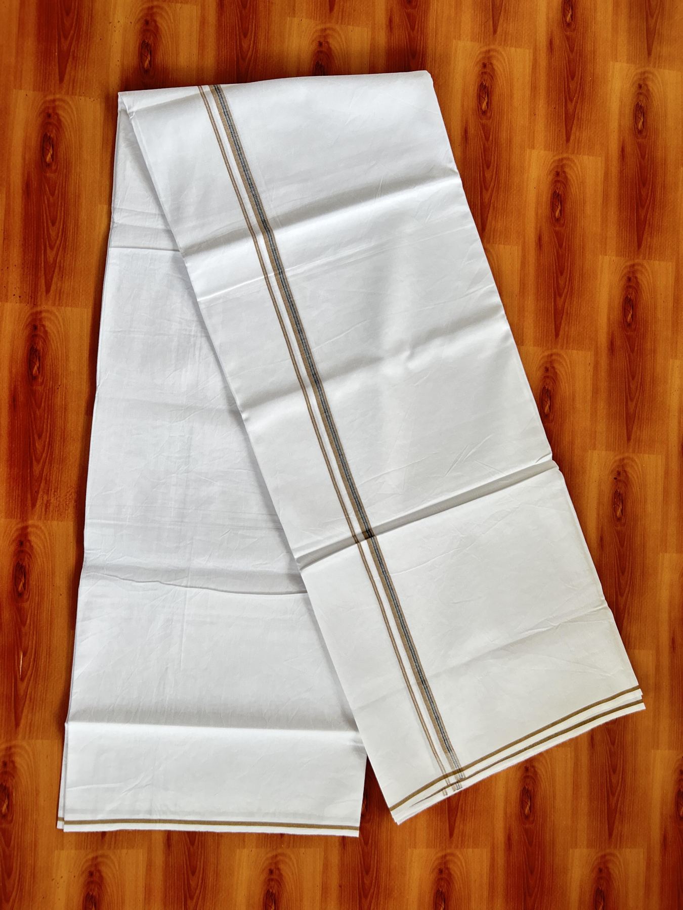 Single Mundu/Dhoti  - Pure White - 29% Discount !! KaithariKada Balaramapuram 100% Cotton - Twisted 60s Thread - 0.5 Cm Silver Kasav & Black & Sand Brown Shaded Striped Kara (2 meter / 4 muzham) - 50 KK5393 GL