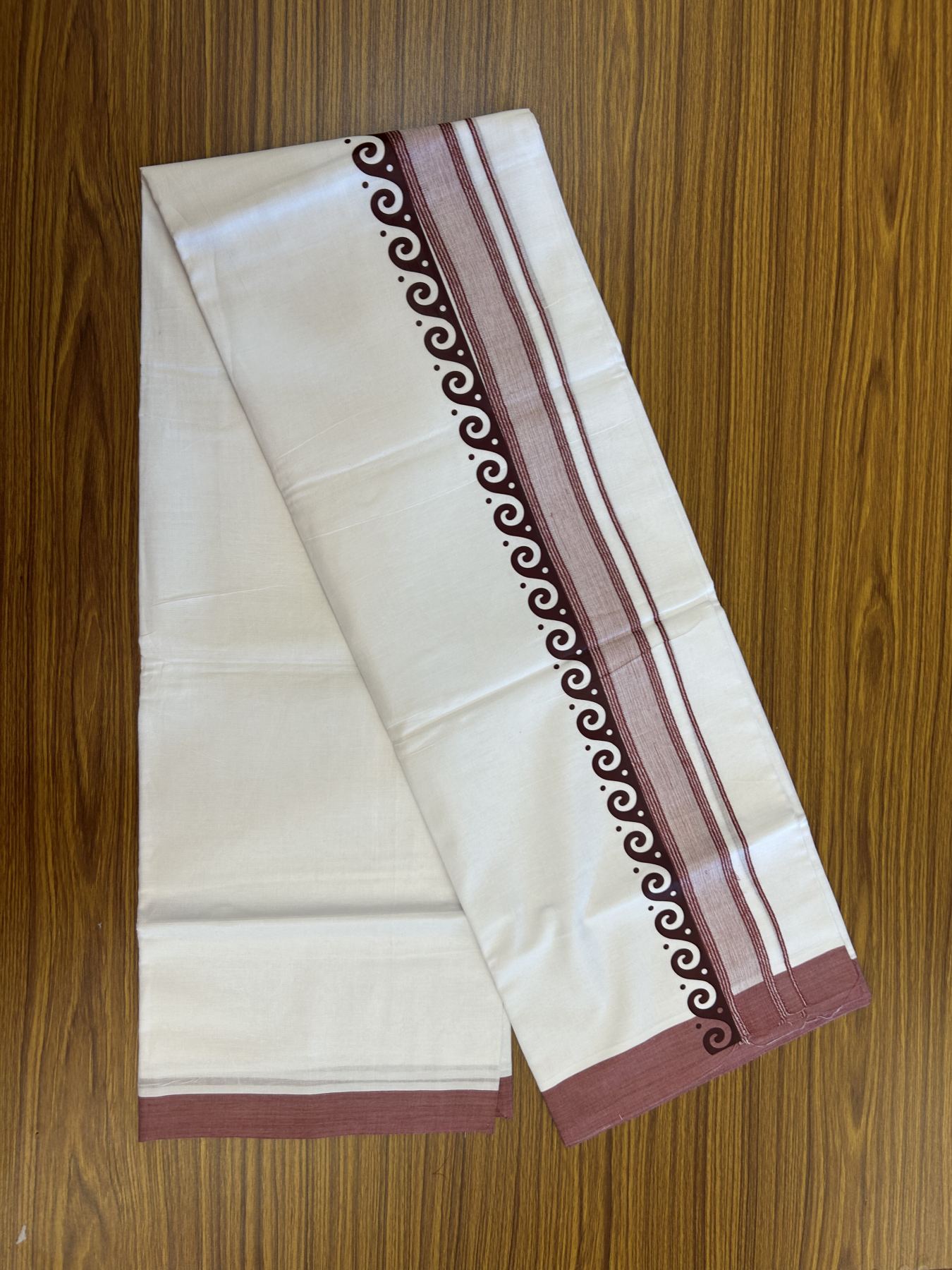 20% Discount ! KaithariKada Balaramapuram Cotton Double Pure white Mundu/Dhoti- 80s - 2.5 inch Maroon Printed Shade Stripes Design Kara - 3.65 mtr (8 muzham) - 38 KK5329 GAN