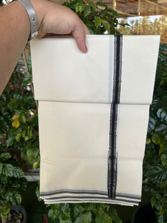 20% Discount ! KaithariKada Balaramapuram 100% Cotton Single Off White (Unbleached) Mundu/Dhoti-Twisted 100s Thread- 0.75 inch Puliyilakkara Silver Kasavu & Black Striped Chutty Kara  (2 meter / 4 muzham)- 11 KK5257 ASH