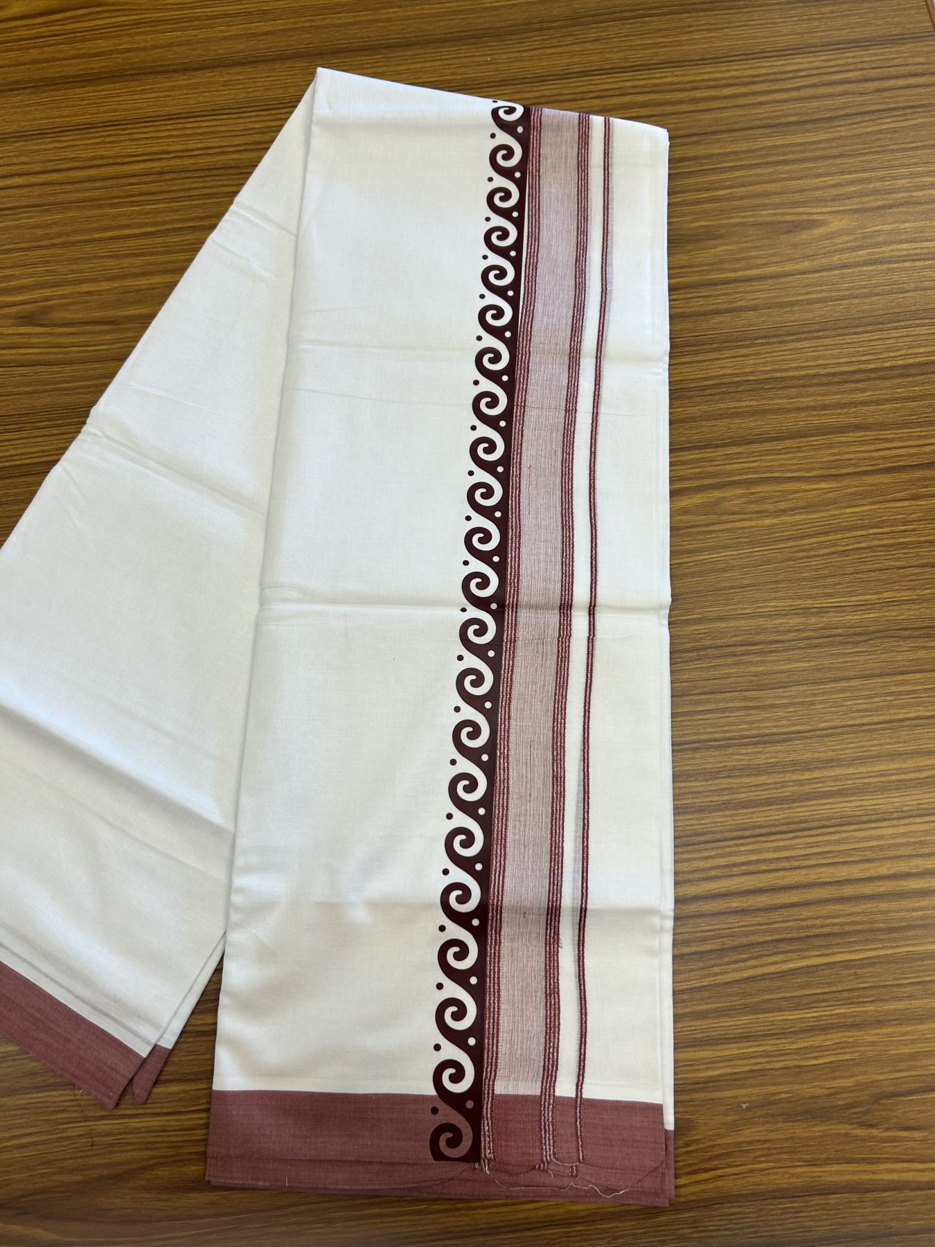20% Discount ! KaithariKada Balaramapuram Cotton Double Pure white Mundu/Dhoti- 80s - 2.5 inch Maroon Printed Shade Stripes Design Kara - 3.65 mtr (8 muzham) - 38 KK5329 GAN