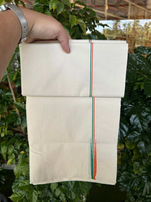 Congress Vesti - 20% Discount ! KaithariKada 100% Cotton Single Off White - (Unbleached) Mundu/Dhoti - Twisted 100s Thread - 0.5 inch Puliyilakkara Orange White & Green Chutty Kara (2 meter / 4 muzham) - 5 KK5257 ASH