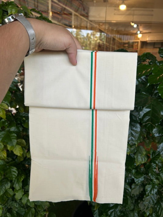 Congress Vesti - 20% Discount ! KaithariKada 100% Cotton Single Off White - (Unbleached) Mundu/Dhoti - Twisted 100s Thread - 0.75 inch Puliyilakkara Orange White & Green Chutty Kara (2 meter / 4 muzham) - 6 KK5257 ASH