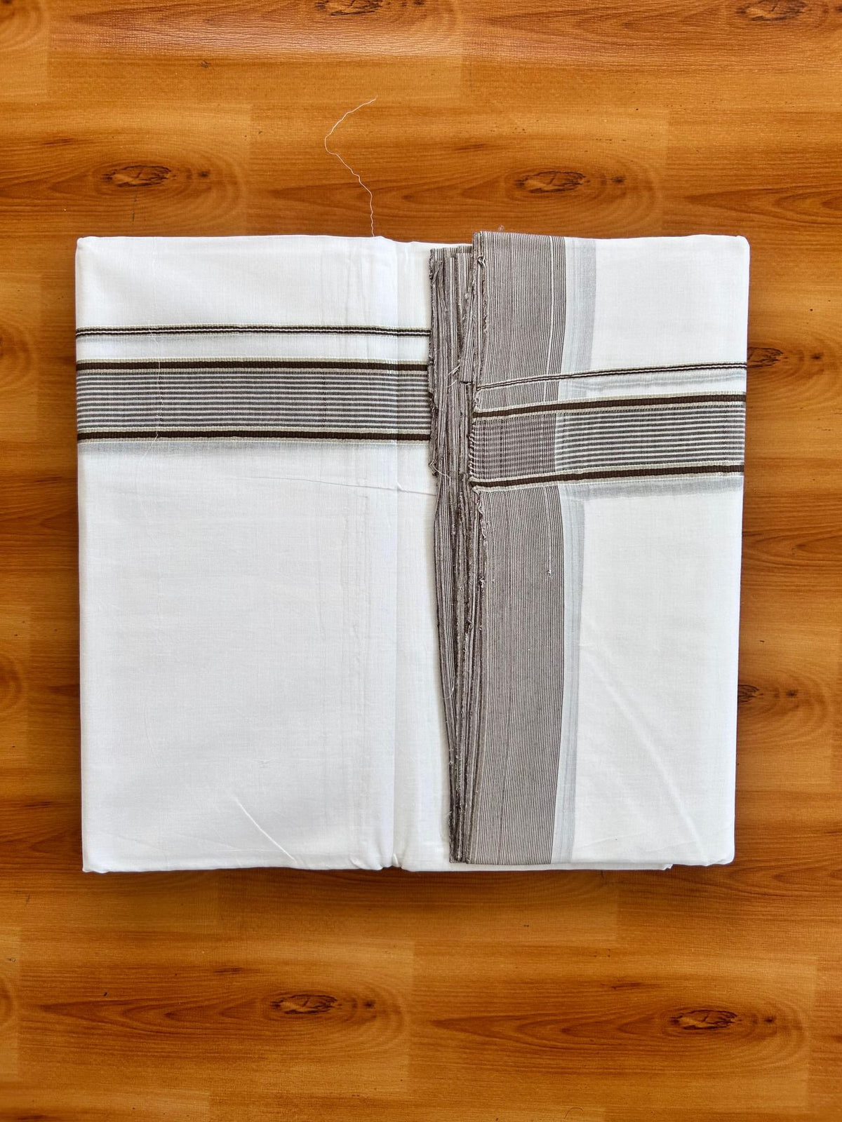 Double Pure White 25% Discount ! KaithariKada Handloom Unakkupaav - Kerala Handloom - 100% Pure Cotton - 100x90 - 1.25 Inch Silver Kasav & Brown Striped Kara 3.90 mtr (8.36 Muzham) - 16 KK5496 YAR