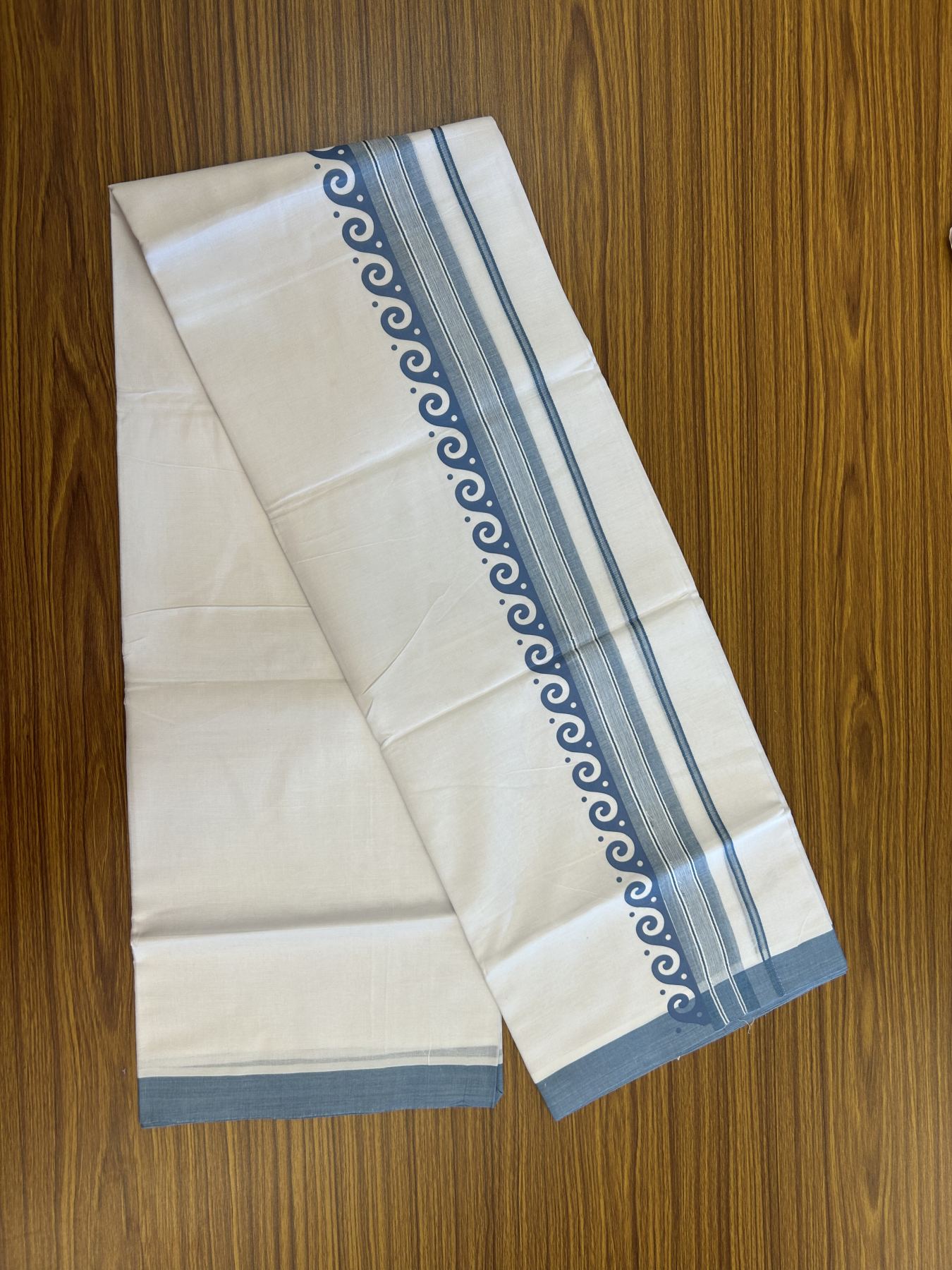 20% Discount ! KaithariKada Balaramapuram Cotton Double Pure white Mundu/Dhoti- 80s - 2.5 inch Ash Blue Printed Shade Stripes Design Kara - 3.65 mtr (8 muzham) - 39 KK5329 GAN