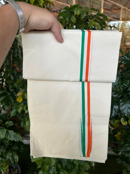 Congress Vesti - 20% Discount ! KaithariKada 100% Cotton Single Off White - (Unbleached) Mundu/Dhoti - Twisted 100s Thread - 1.25 inch Puliyilakkara Orange White & Green Chutty Kara (2 meter / 4 muzham) - 7 KK5257 ASH