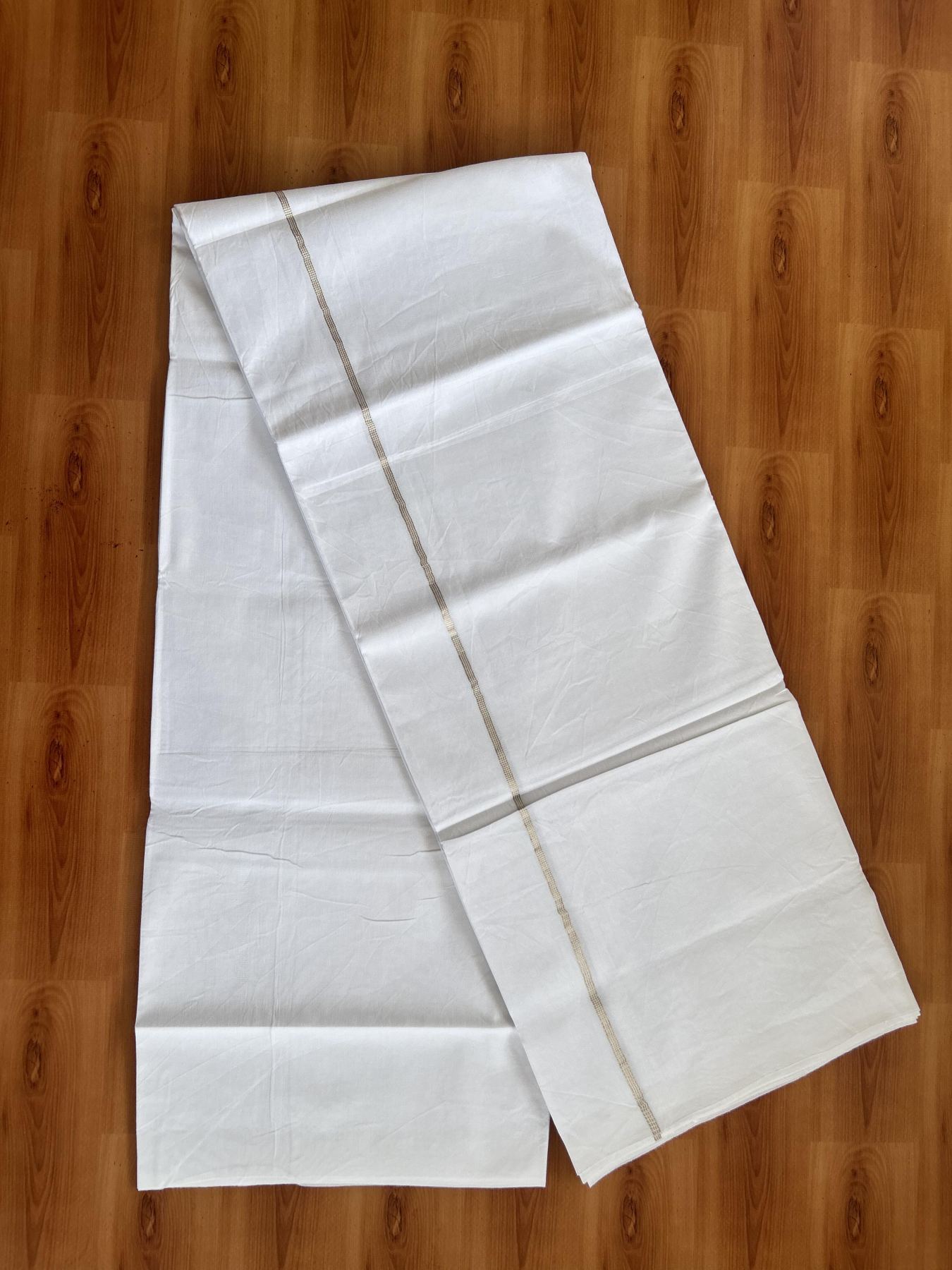 Single Mundu/Dhoti  - Pure white  - 29% Discount !! KaithariKada Balaramapuram 100% Cotton - Twisted 60s Thread- 0.25 Inch Silver Striped Kara (2 meter / 4 muzham) - 27 KK5393 GL