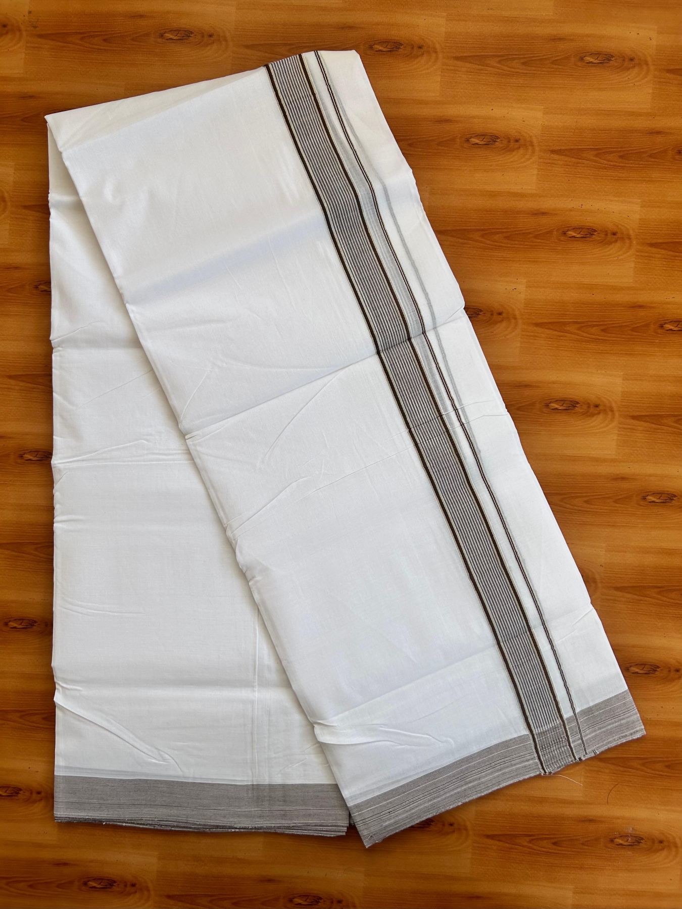 Double Pure White 25% Discount ! KaithariKada Handloom Unakkupaav - Kerala Handloom - 100% Pure Cotton - 100x90 - 1.25 Inch Silver Kasav & Brown Striped Kara 3.90 mtr (8.36 Muzham) - 16 KK5496 YAR