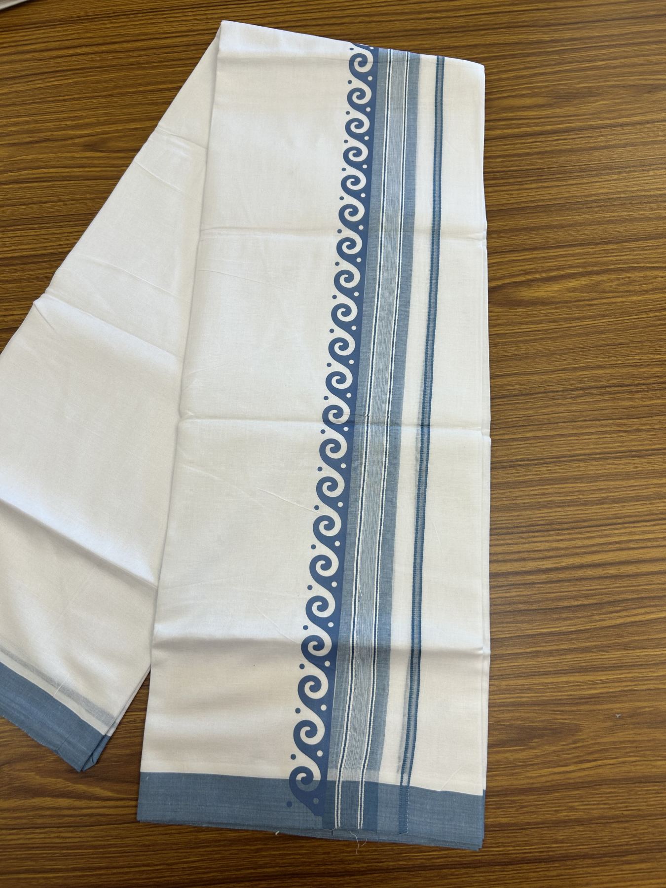 20% Discount ! KaithariKada Balaramapuram Cotton Double Pure white Mundu/Dhoti- 80s - 2.5 inch Ash Blue Printed Shade Stripes Design Kara - 3.65 mtr (8 muzham) - 39 KK5329 GAN