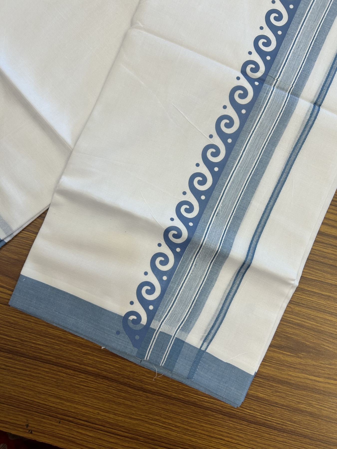 20% Discount ! KaithariKada Balaramapuram Cotton Double Pure white Mundu/Dhoti- 80s - 2.5 inch Ash Blue Printed Shade Stripes Design Kara - 3.65 mtr (8 muzham) - 39 KK5329 GAN