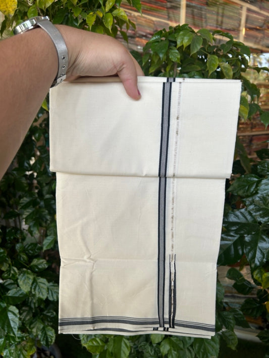 20% Discount ! KaithariKada Balaramapuram 100% Cotton Single Off White (Unbleached) Mundu/Dhoti-Twisted 100s Thread- 1 cm Puliyilakkara Silver Kasavu & Black Striped Chutty Kara  (2 meter / 4 muzham)- 10 KK5257 ASH