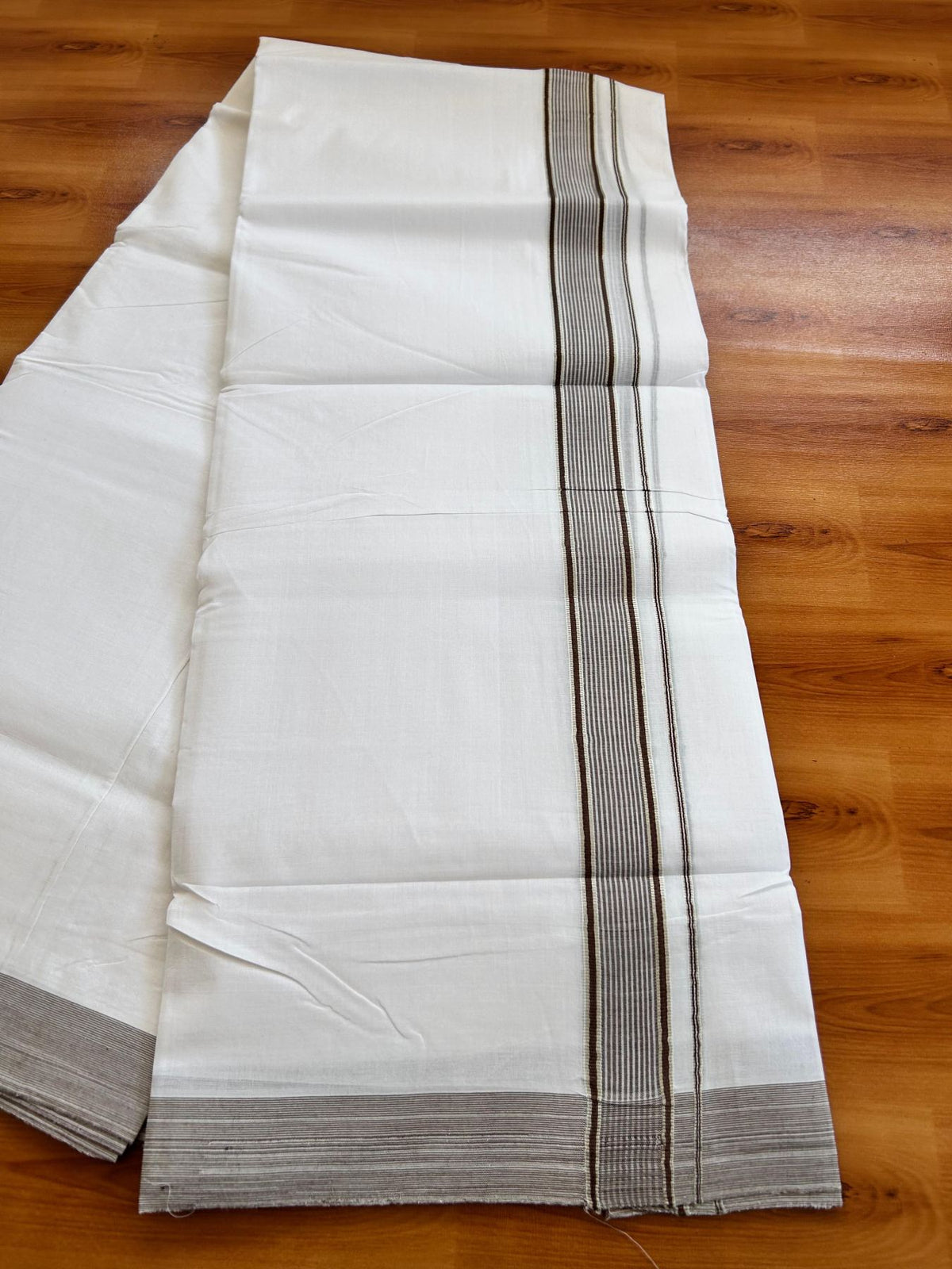 Double Pure White 25% Discount ! KaithariKada Handloom Unakkupaav - Kerala Handloom - 100% Pure Cotton - 100x90 - 1.25 Inch Silver Kasav & Brown Striped Kara 3.90 mtr (8.36 Muzham) - 16 KK5496 YAR