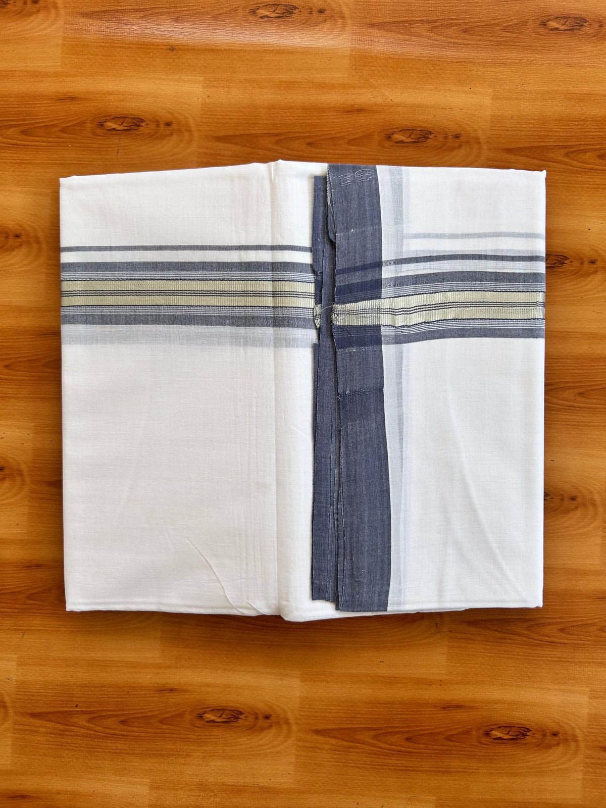Double Pure White 25% Discount ! KaithariKada Handloom Millpaav - Kerala Handloom - 100% Pure Cotton - 80x90 - 1.5 Inch Silver Kasav Ash Blue Striped Kara 3.90 mtr (8.36 Muzham) - 8 KK5496 YAR