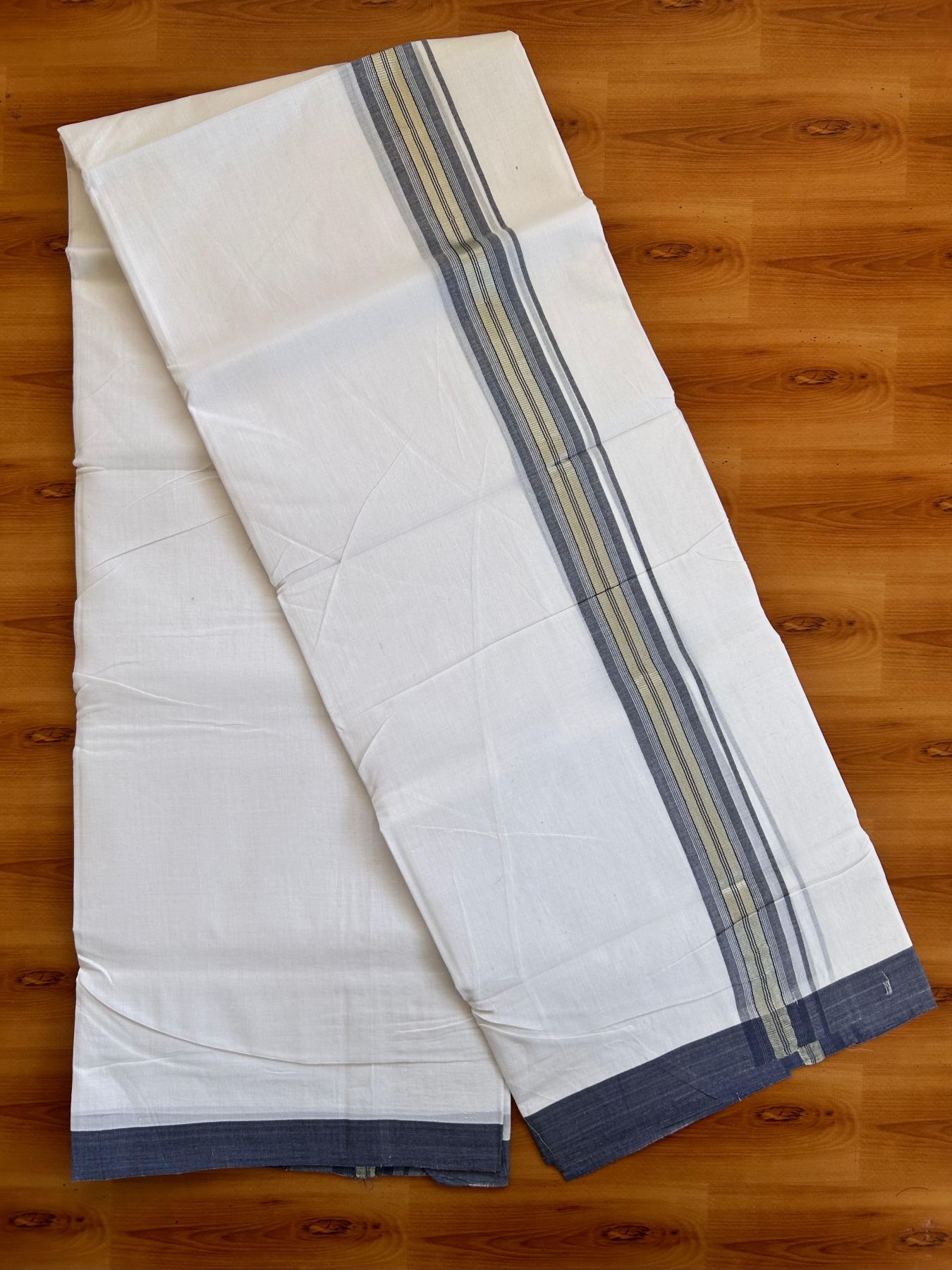 Double Pure White 25% Discount ! KaithariKada Handloom Millpaav - Kerala Handloom - 100% Pure Cotton - 80x90 - 1.5 Inch Silver Kasav Ash Blue Striped Kara 3.90 mtr (8.36 Muzham) - 8 KK5496 YAR