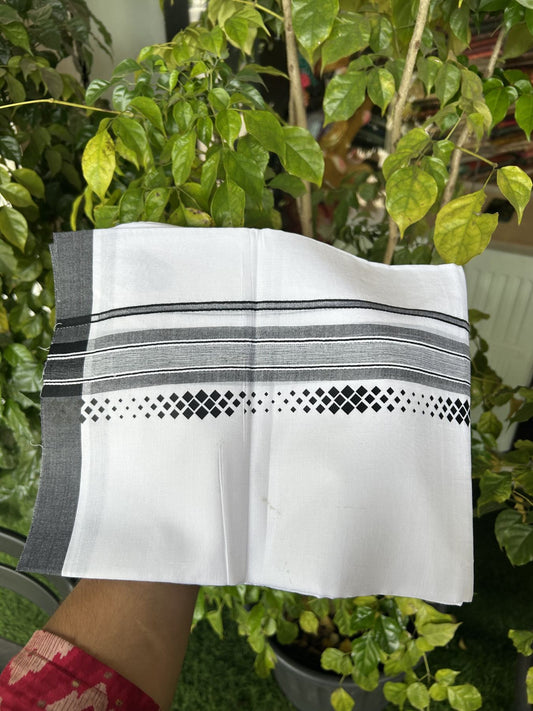 20% Discount ! KaithariKada Balaramapuram Cotton Double Pure white Mundu/Dhoti- 80s - 2.5 inch Black Printed Shade Stripes Design Kara - 3.65 mtr (8 muzham) - 15 KK5329 GAN