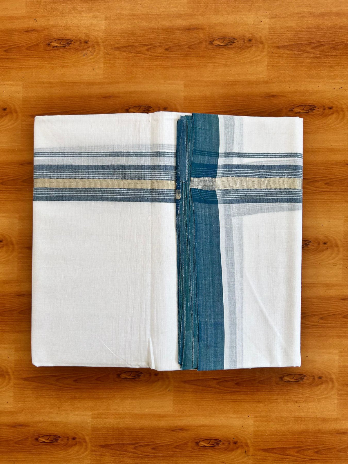 Double Pure White 25% Discount ! KaithariKada Handloom Millpaav - Kerala Handloom - 100% Pure Cotton - 80x90 - 1.5 Inch Silver Kasav & Peacock Blue Striped Kara 3.90 mtr (8.36 Muzham) - 9 KK5496 YAR