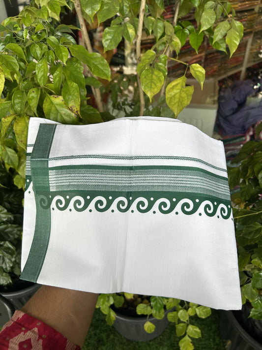 20% Discount ! KaithariKada Balaramapuram Cotton Double Pure white Mundu/Dhoti- 80s - 2.5 inch Bottle Green Printed Shade Stripes Design Kara - 3.65 mtr (8 muzham) - 42 KK5329 GAN