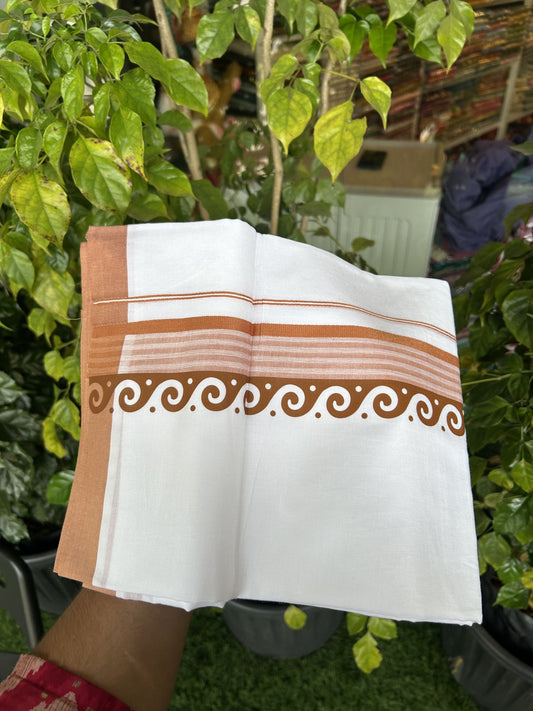 20% Discount ! KaithariKada Balaramapuram Cotton Double Pure white Mundu/Dhoti- 80s - 2.5 inch Brown Printed Shade Stripes Design Kara - 3.65 mtr (8 muzham) - 40 KK5329 GAN
