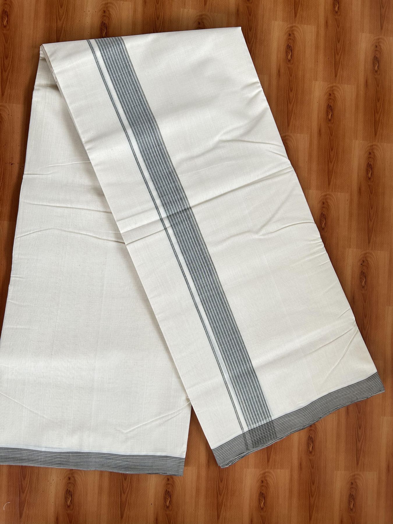 Double Off White (Unbleached) Mundu/Dhoti- 25% Discount! KaithariKada Handloom Millpaav - Kerala Handloom - Cotton - 80x90 - 1.25 inch Grey & Sage Green Shaded Striped Kara 4 meter (8.5 Muzham) - 19 KK5396 RAM