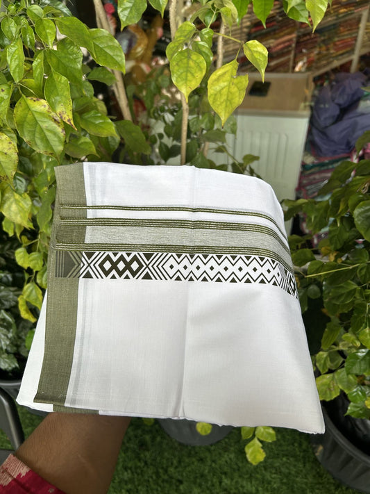 20% Discount ! KaithariKada Balaramapuram Cotton Double Pure white Mundu/Dhoti- 80s - 2.5 inch Olive Green Printed Shade Stripes Design Kara - 3.65 mtr (8 muzham) - 53 KK5329 GAN