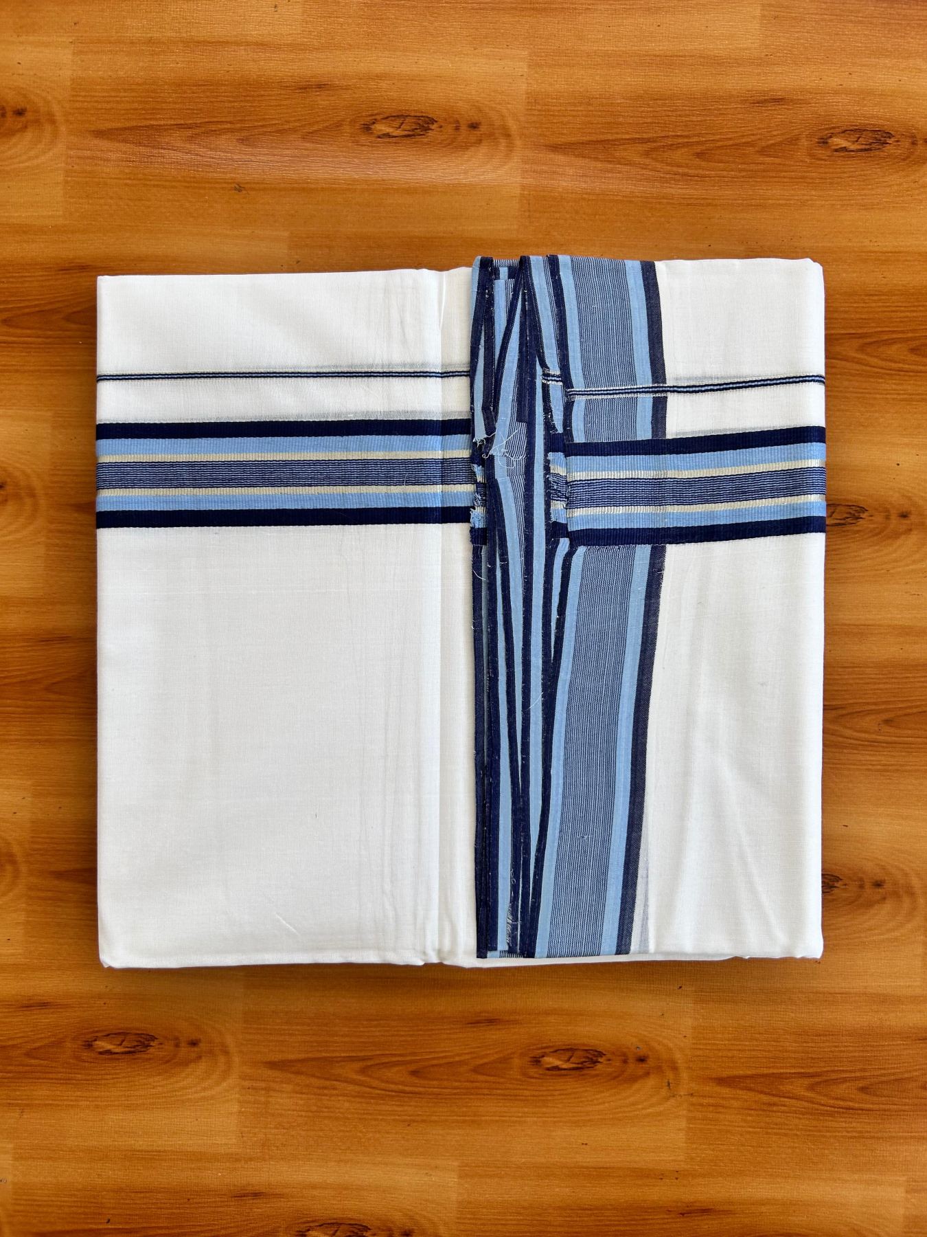 Double Pure White 25% Discount ! KaithariKada Handloom Unakkupaav - Kerala Handloom - 100% Pure Cotton - 100x90 - 1.25 Inch Silver Kasav Navy Blue & Light Blue Striped Kara 3.90 mtr (8.36 Muzham) - 17 KK5496 YAR