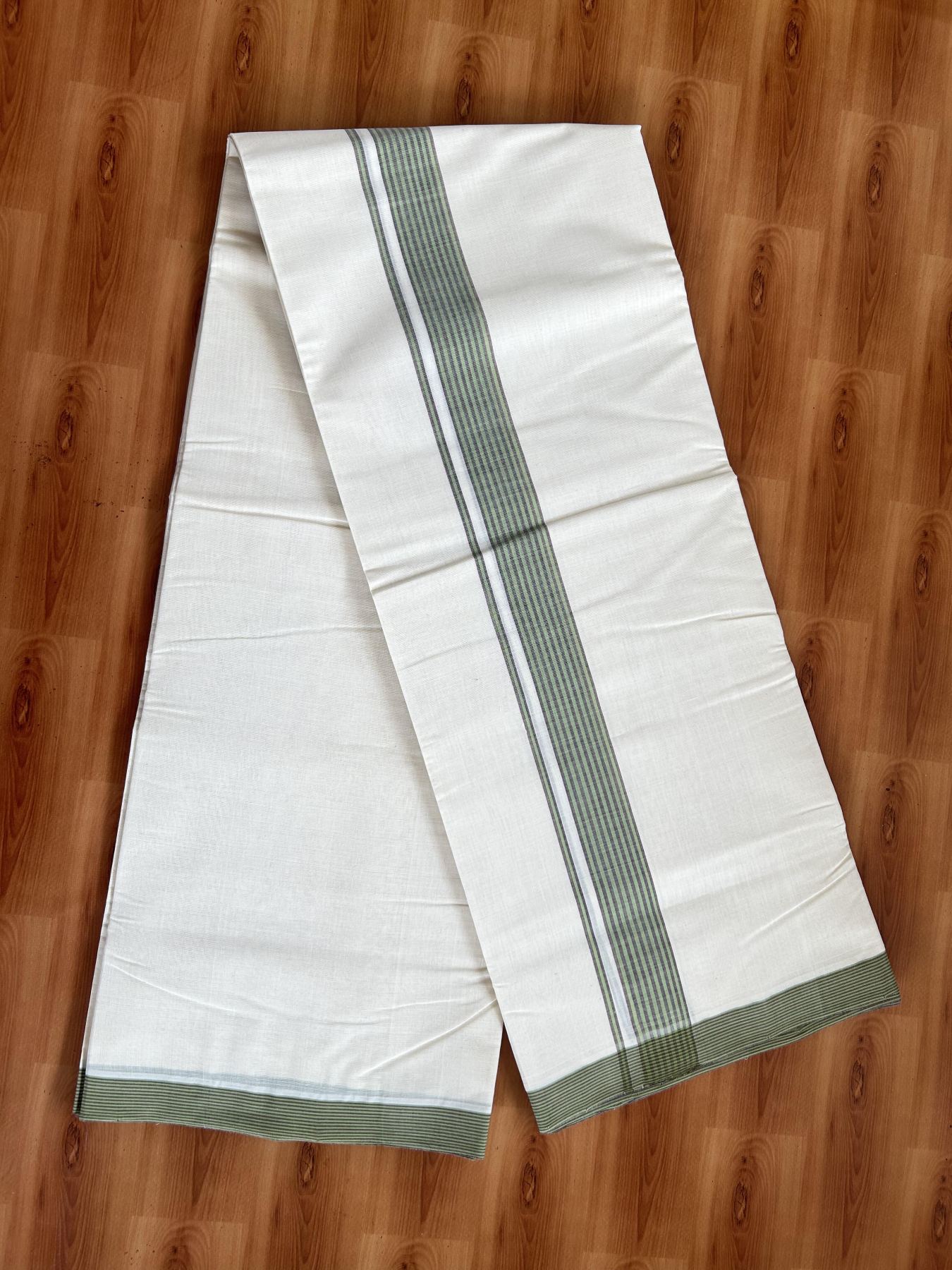 Double Off White (Unbleached) Mundu/Dhoti- 25% Discount! KaithariKada Handloom Millpaav - Kerala Handloom - Cotton - 80x90 - 1.25 inch Brown & Light Green Shaded Striped Kara 4 meter (8.5 Muzham) -20 KK5396 RAM