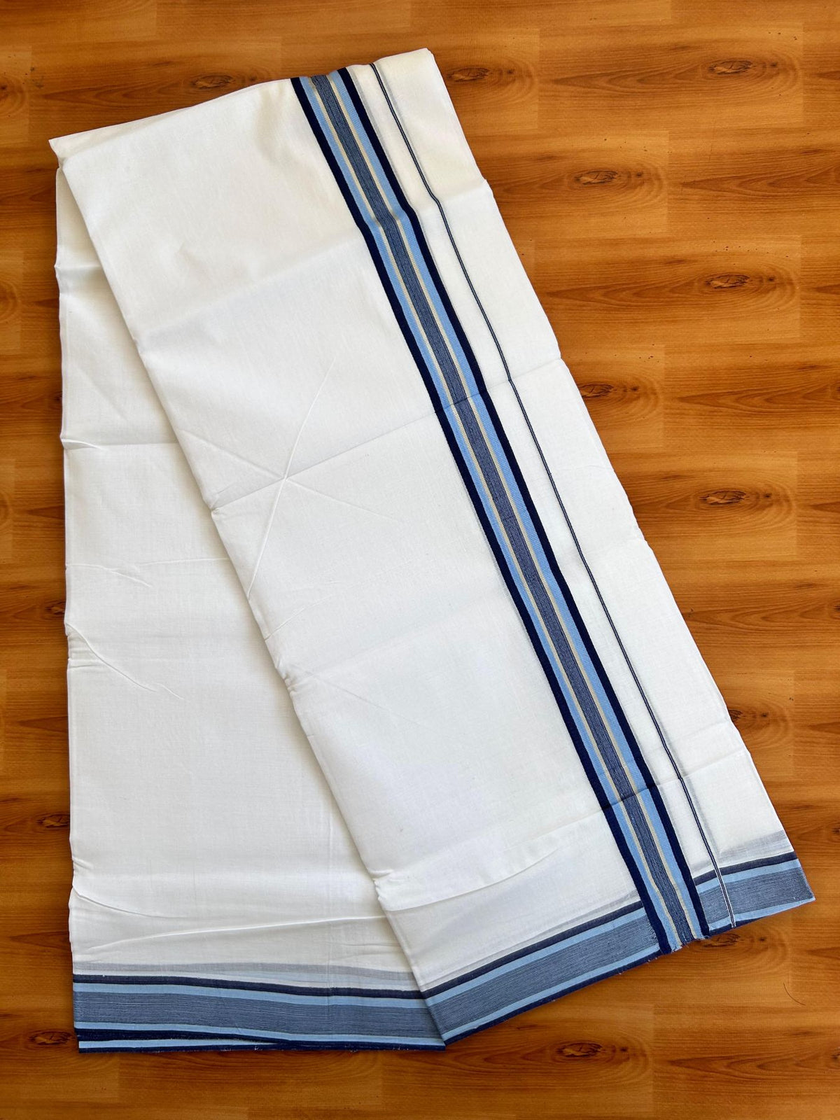 Double Pure White 25% Discount ! KaithariKada Handloom Unakkupaav - Kerala Handloom - 100% Pure Cotton - 100x90 - 1.25 Inch Silver Kasav Navy Blue & Light Blue Striped Kara 3.90 mtr (8.36 Muzham) - 17 KK5496 YAR