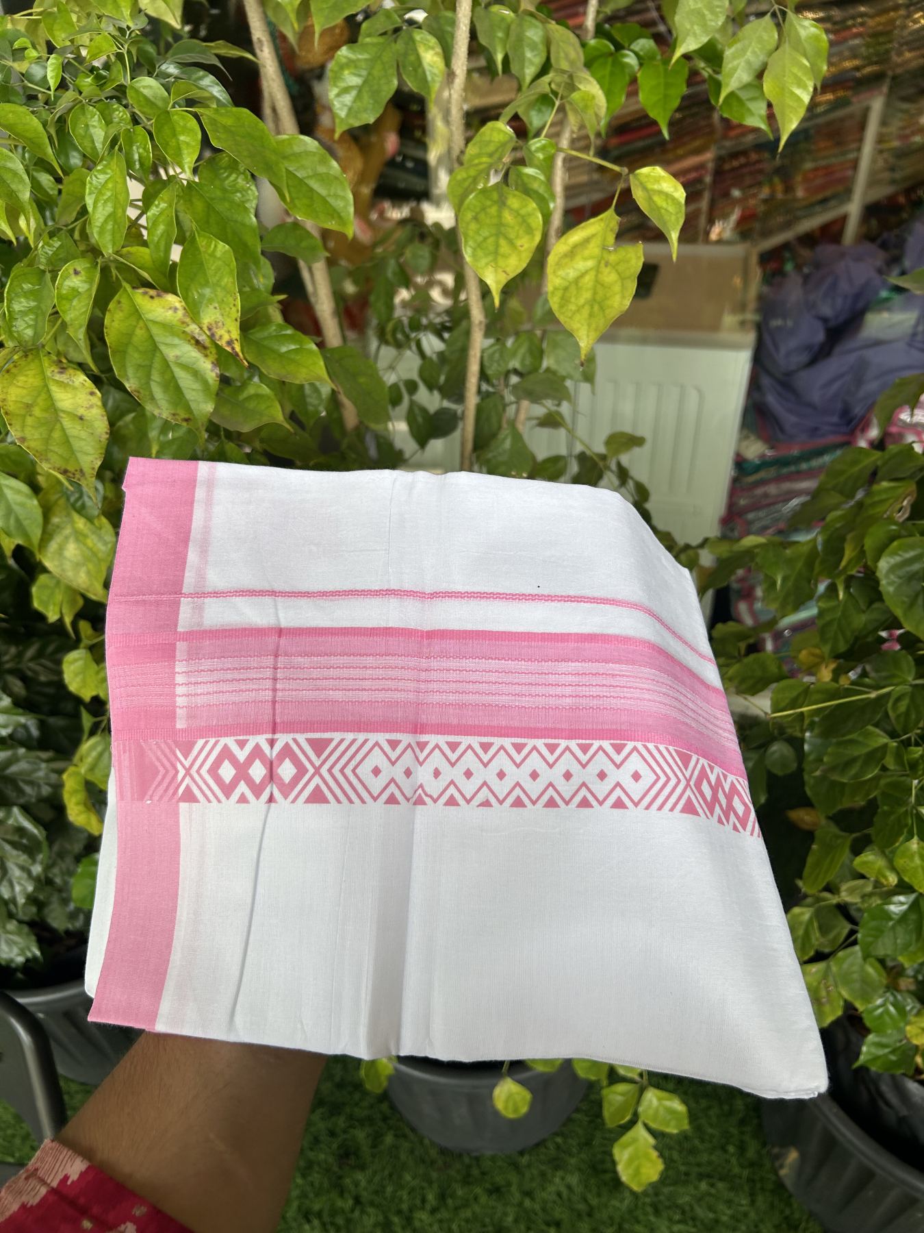 20% Discount ! KaithariKada Balaramapuram Cotton Double Pure white Mundu/Dhoti- 80s - 2.5 inch Baby Pink Printed Shade Stripes Design Kara - 3.65 mtr (8 muzham) - 50 KK5329 GAN