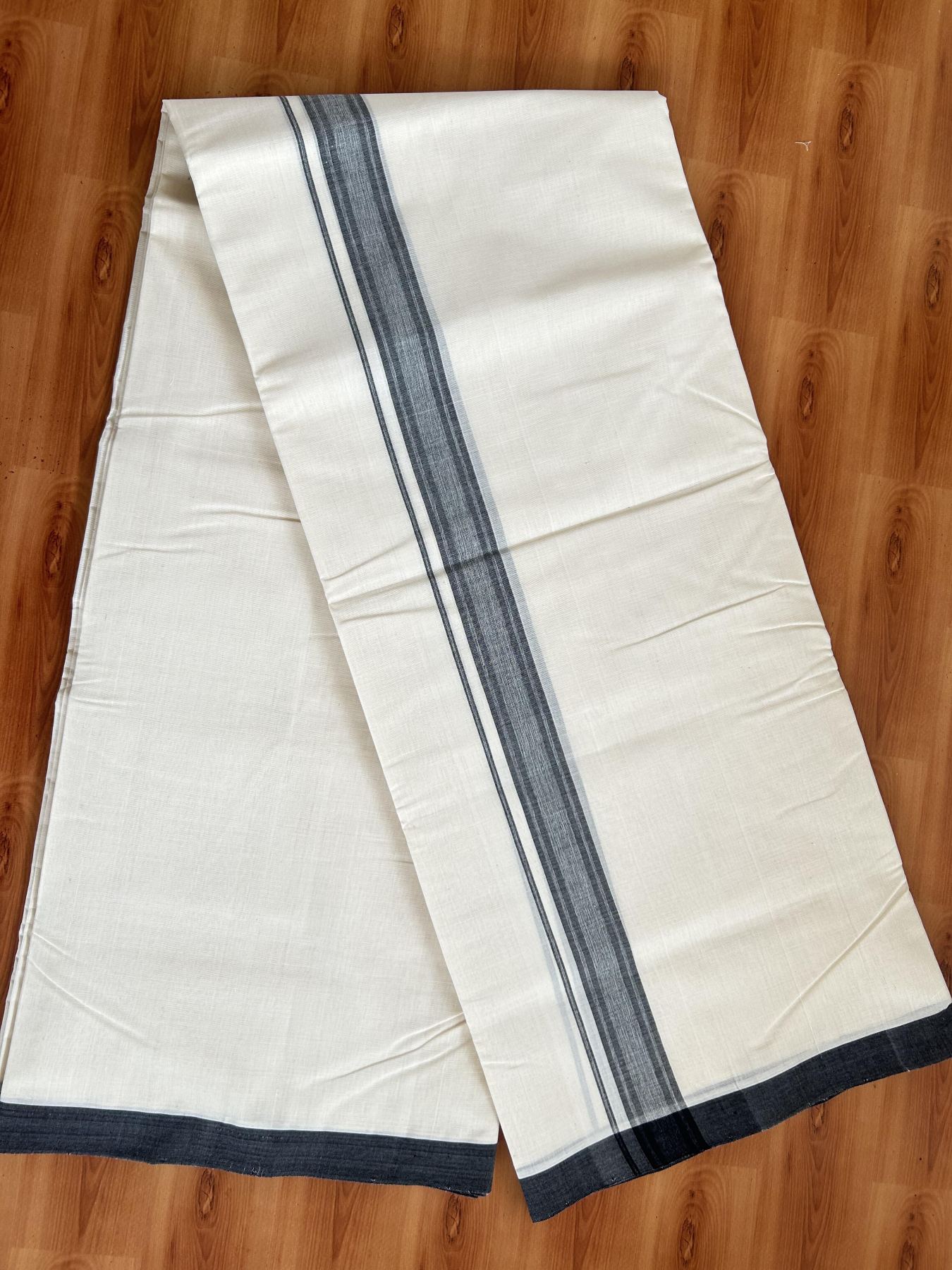 Double Off White (Unbleached) Mundu/Dhoti- 25% Discount! KaithariKada Handloom Millpaav - Kerala Handloom - Cotton - 80x90 - 1.25 inch Black Shaded Striped Kara 4.50 meter (10 Muzham) - 16 KK5396 RAM