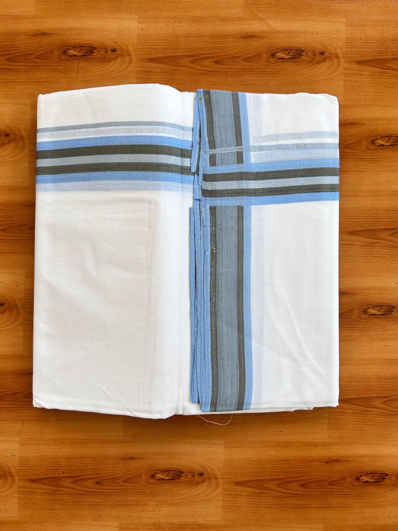 Double Pure White 25% Discount ! KaithariKada Handloom Unakkupaav - Kerala Handloom - 100% Pure Cotton - 100x90 - 1.5 Inch Silver Kasav Light Blue & Grey Striped Kara 3.90 mtr (8.36 Muzham) - 18 KK5496 YAR