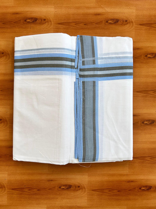 Double Pure White 25% Discount ! KaithariKada Handloom Unakkupaav - Kerala Handloom - 100% Pure Cotton - 100x90 - 1.5 Inch Silver Kasav Light Blue & Grey Striped Kara 3.90 mtr (8.36 Muzham) - 18 KK5496 YAR
