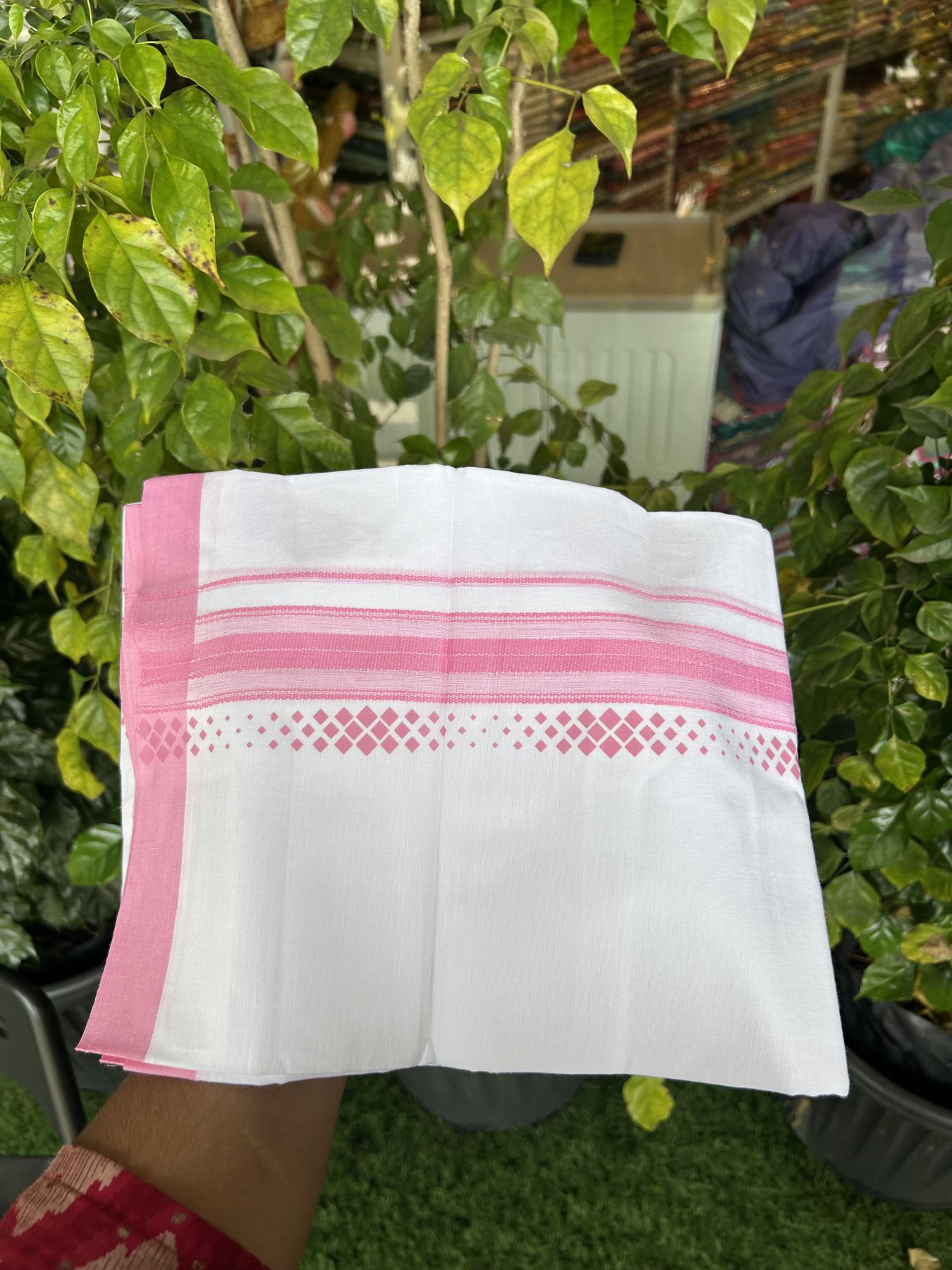 20% Discount ! KaithariKada Balaramapuram Cotton Double Pure white Mundu/Dhoti- 80s - 2.5 inch Baby Pink Printed Shade Stripes Design Kara - 3.65 mtr (8 muzham) - 22 KK5329 GAN