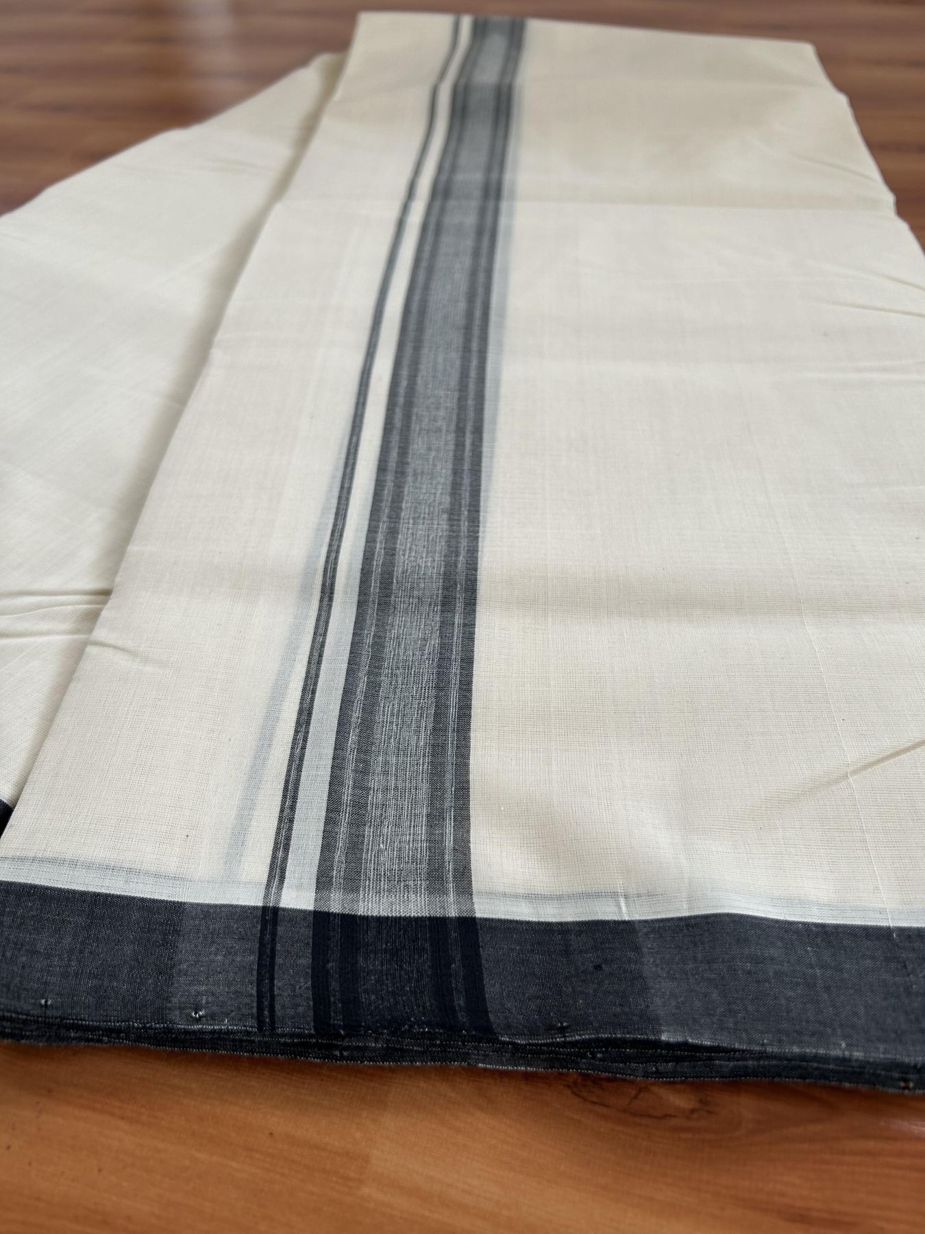 Double Off White (Unbleached) Mundu/Dhoti- 25% Discount! KaithariKada Handloom Millpaav - Kerala Handloom - Cotton - 80x90 - 1.25 inch Black Shaded Striped Kara 4.50 meter (10 Muzham) - 16 KK5396 RAM